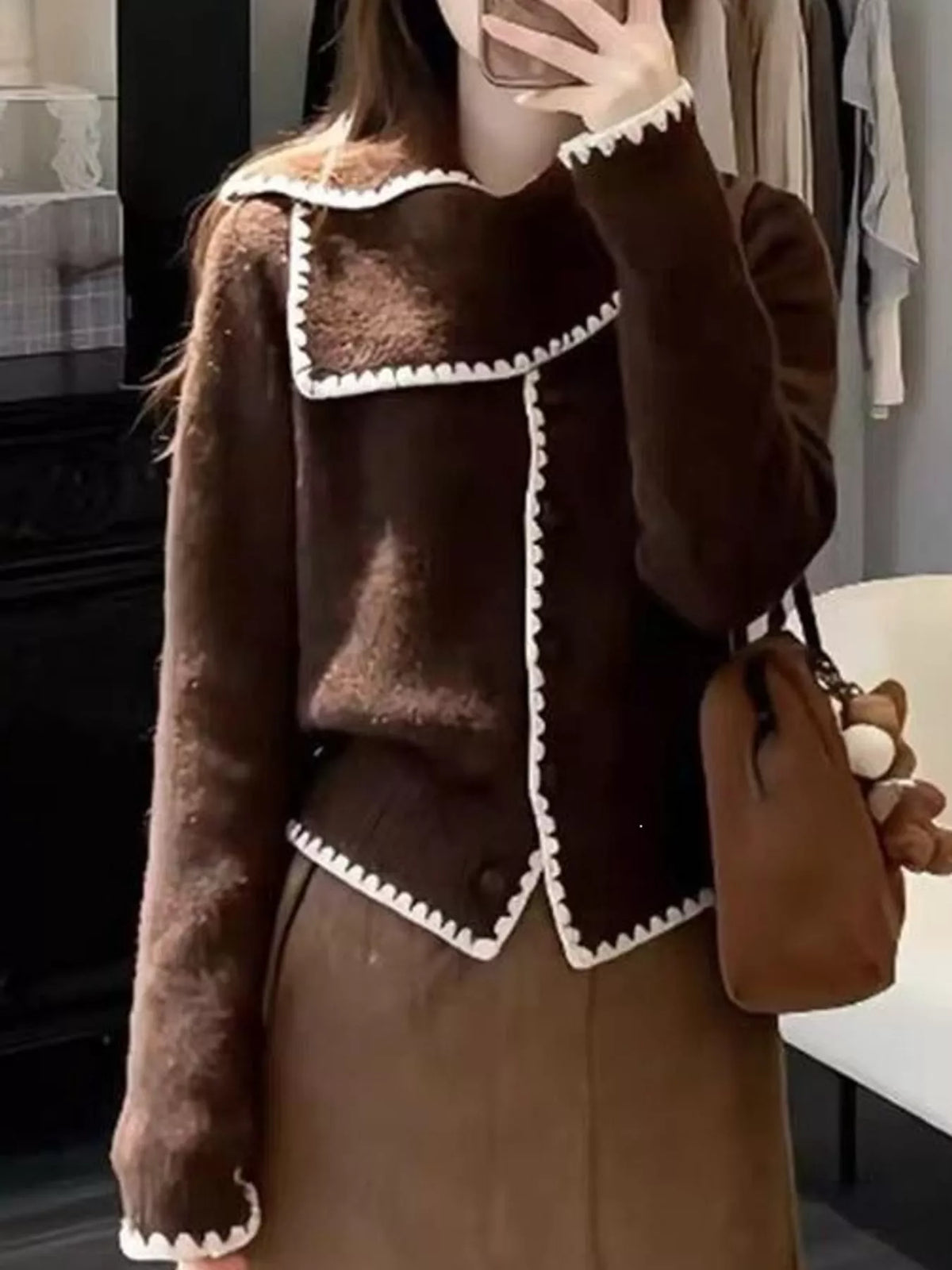 Contrast-Trimmed Scarf Collar Cardigan in brown