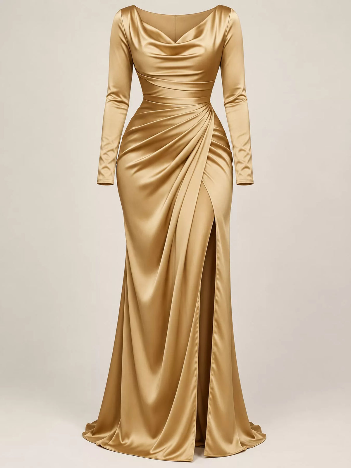 Gold satin cowl neck high-slit maxi dress, ruched waist view