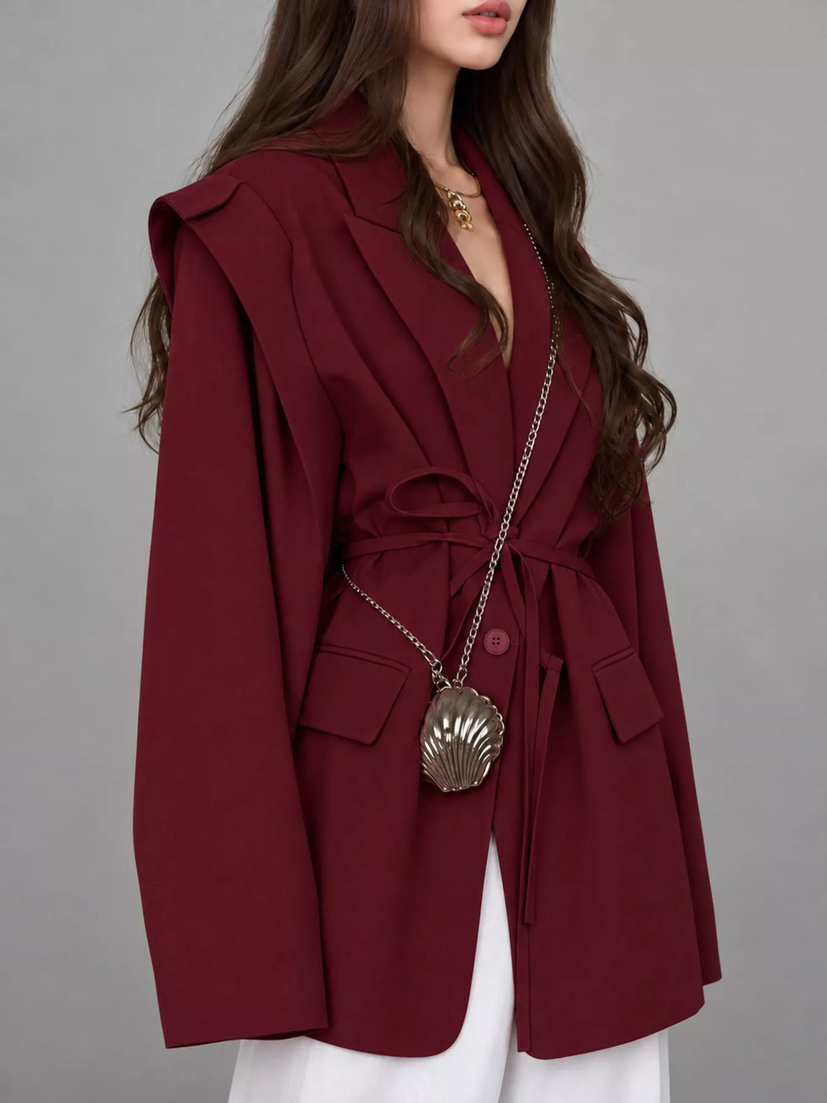 Collared long sleeve blazer, side view