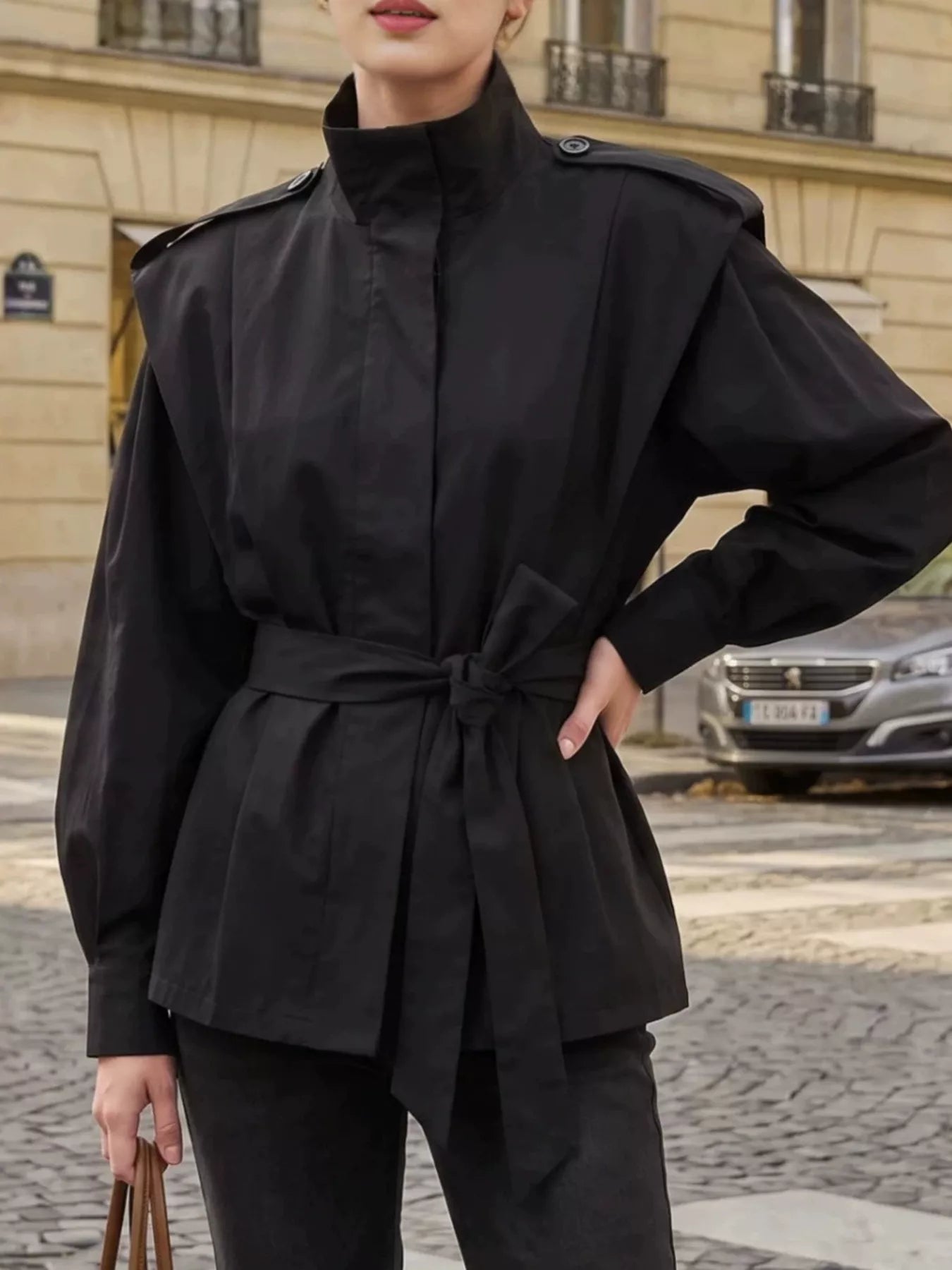 Trendsi Stand-Collar Belted Outerwear -
