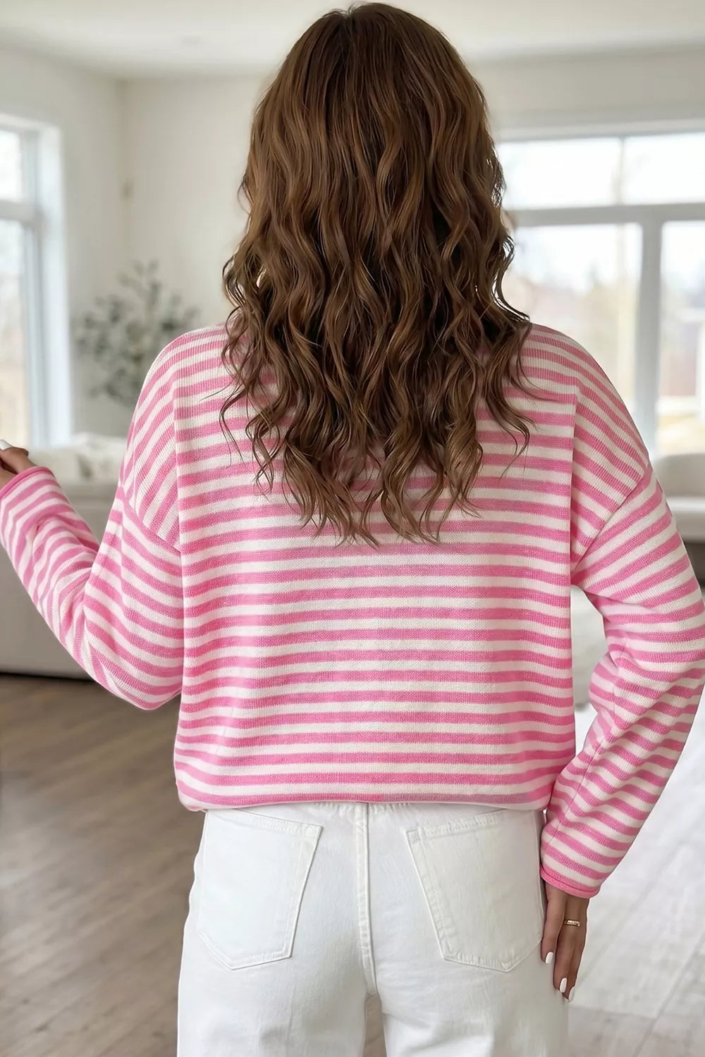 Trendsi Striped Button Placket Drop Shoulder Long Sleeve Sweater -