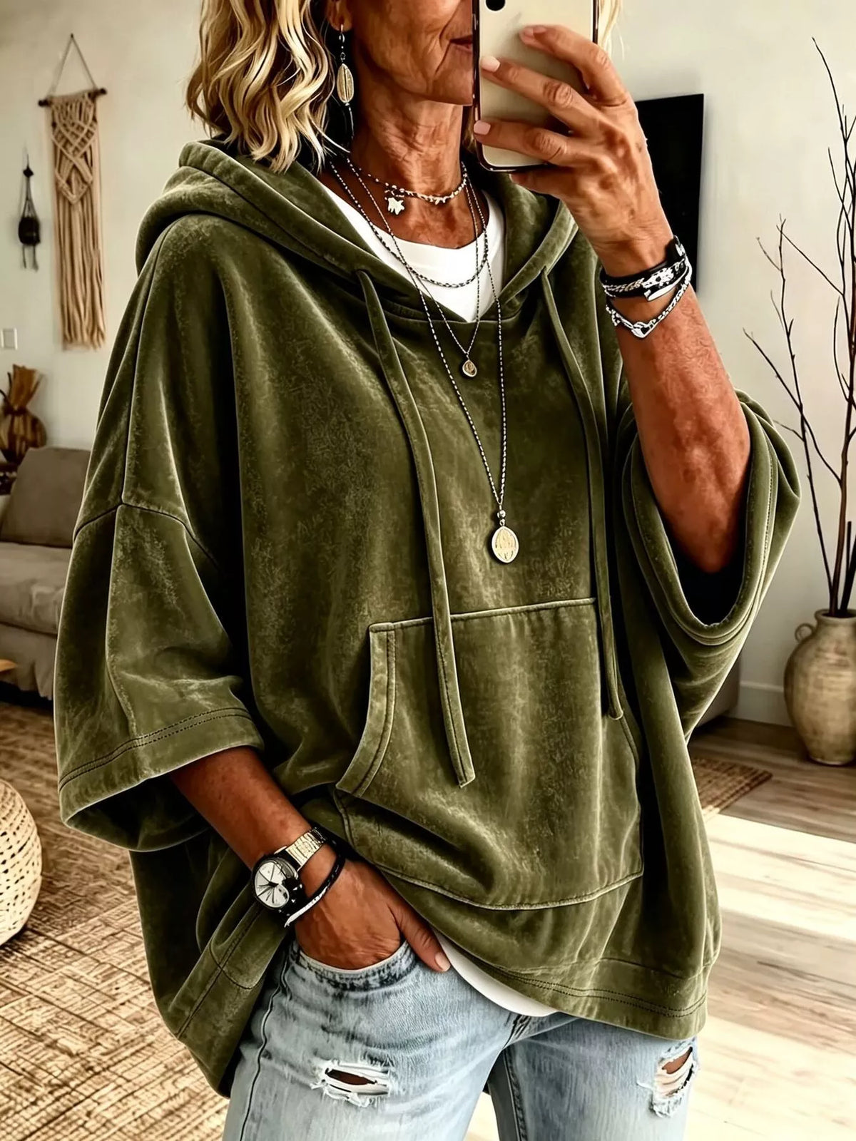 Olive velvet kangaroo pocket drawstring hoodie