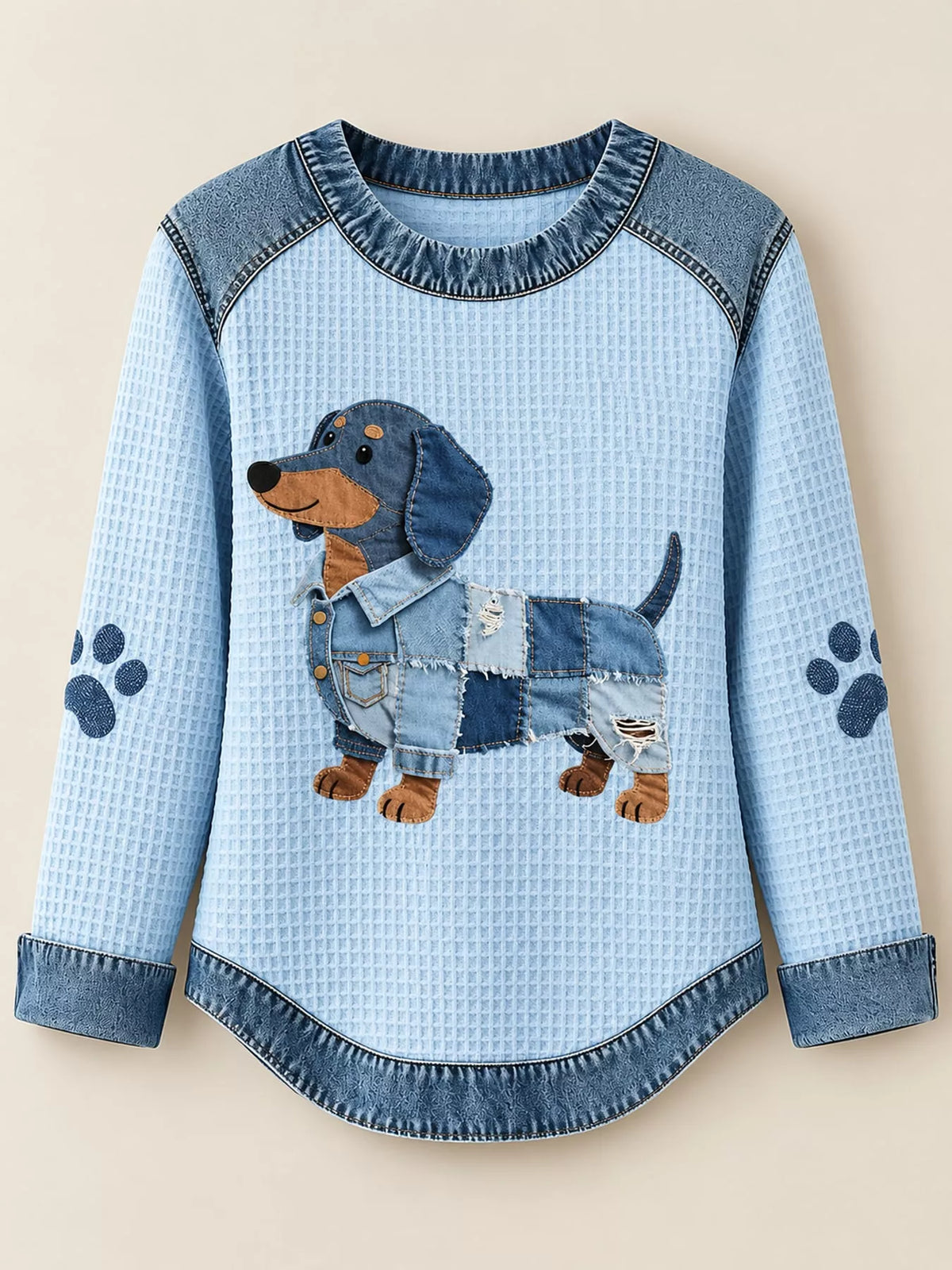 Pastel  Blue dog denim patchwork waffle knit sweatshirt
