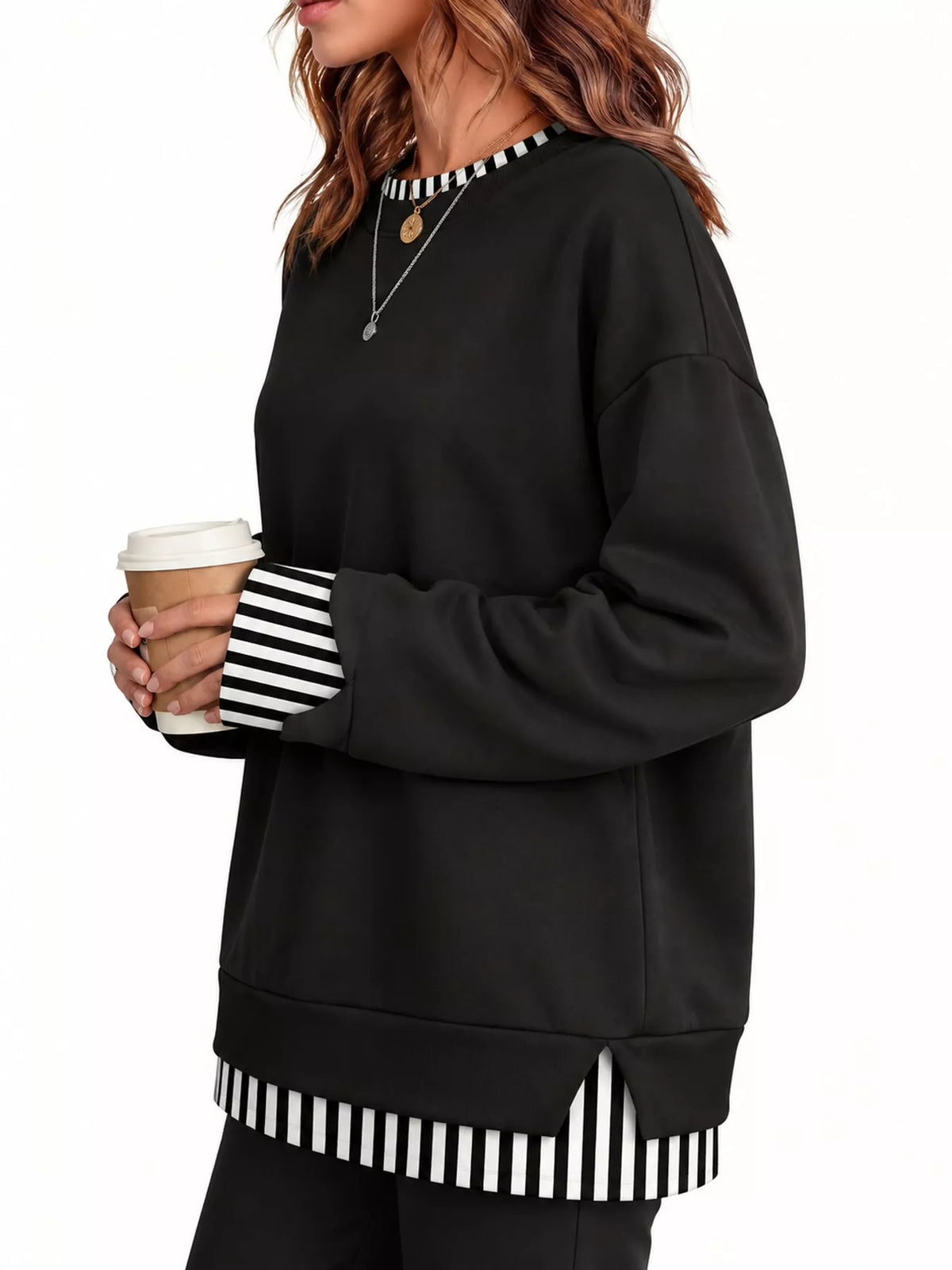 Layered Look Crew Neck Sweatshirt in black with striped trim, side view