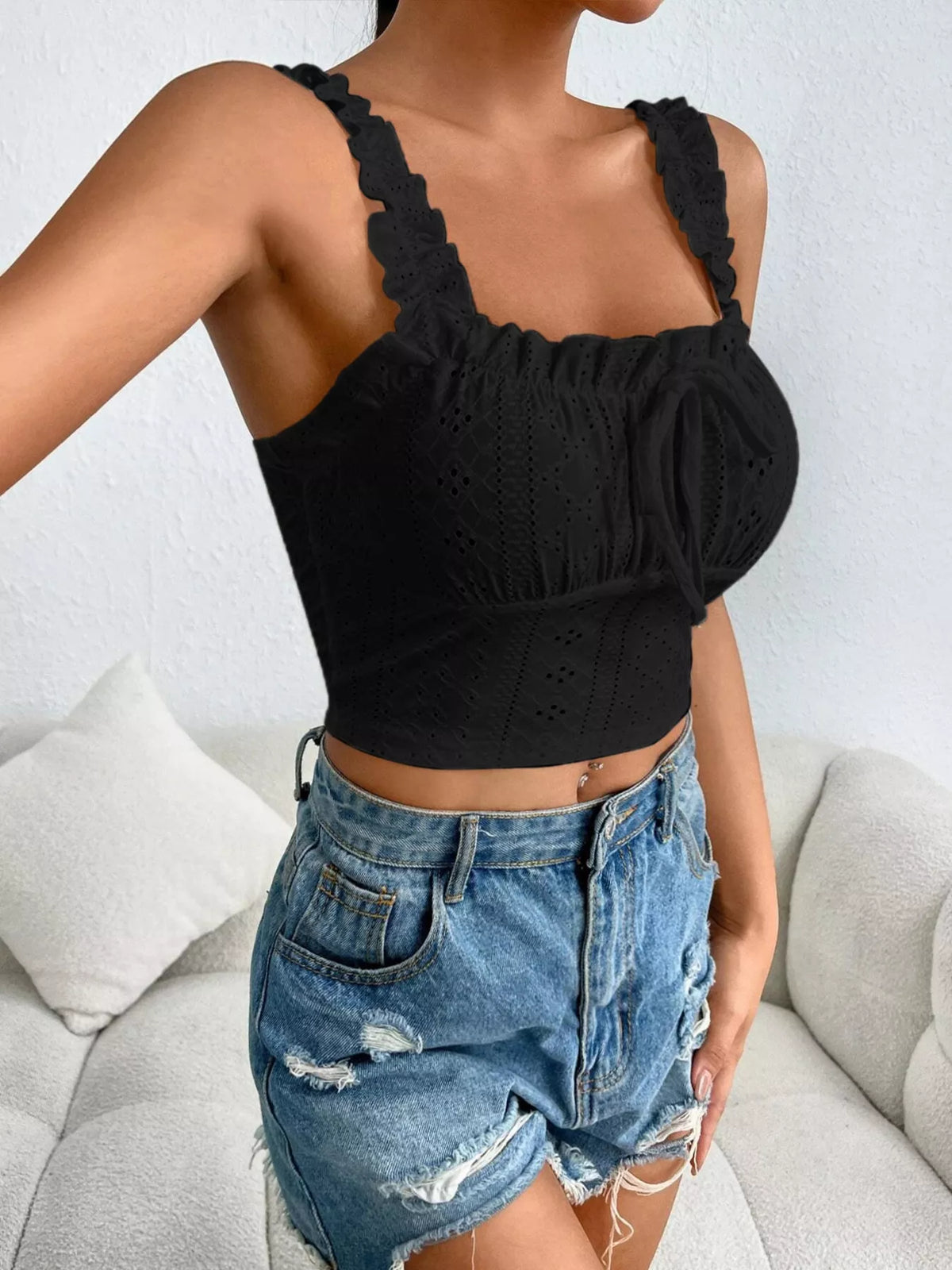 Eyelet tie-front tank, black side