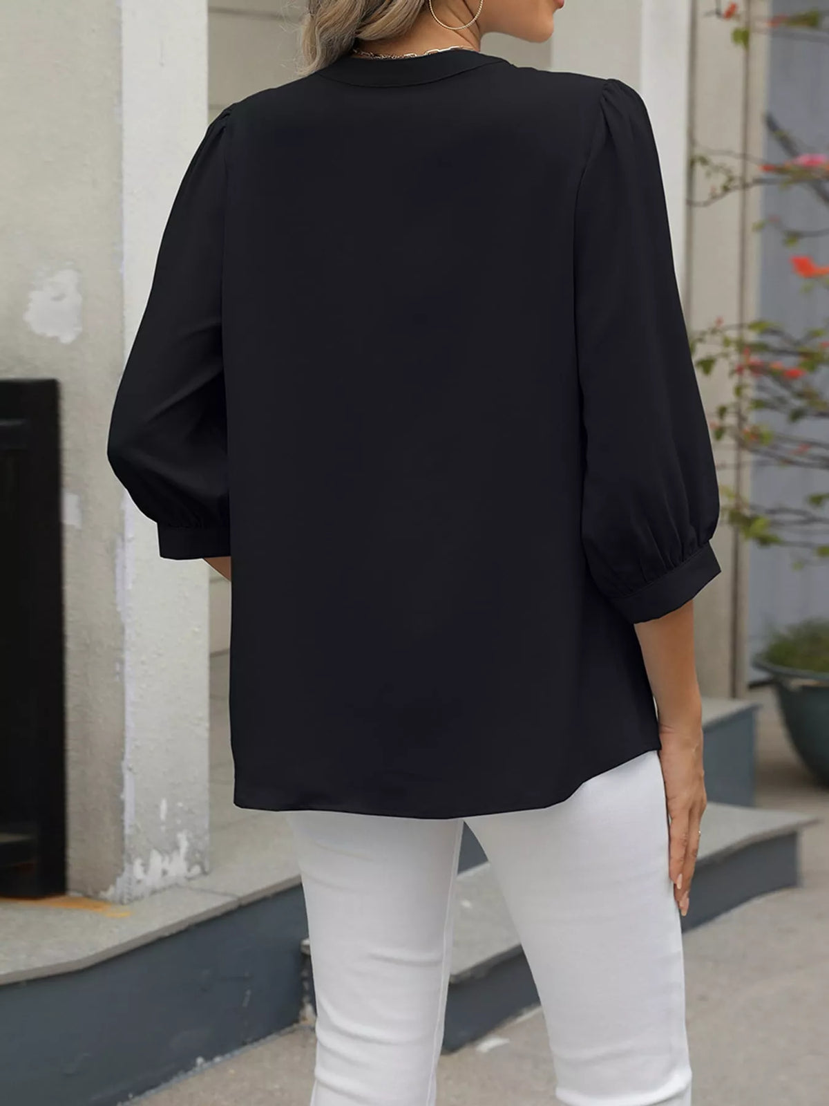 V-Neck Metal Buckle Detail Blouse, back view in black