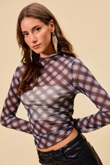 Trendsi SO ME Plaid Mesh Knit Long Sleeve Top with Thumb Opening -