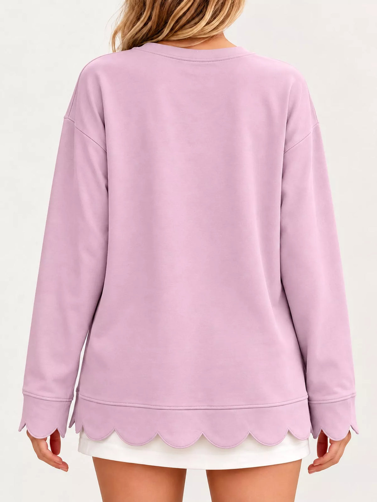 Pink Purple scalloped hem crewneck sweatshirt, back view