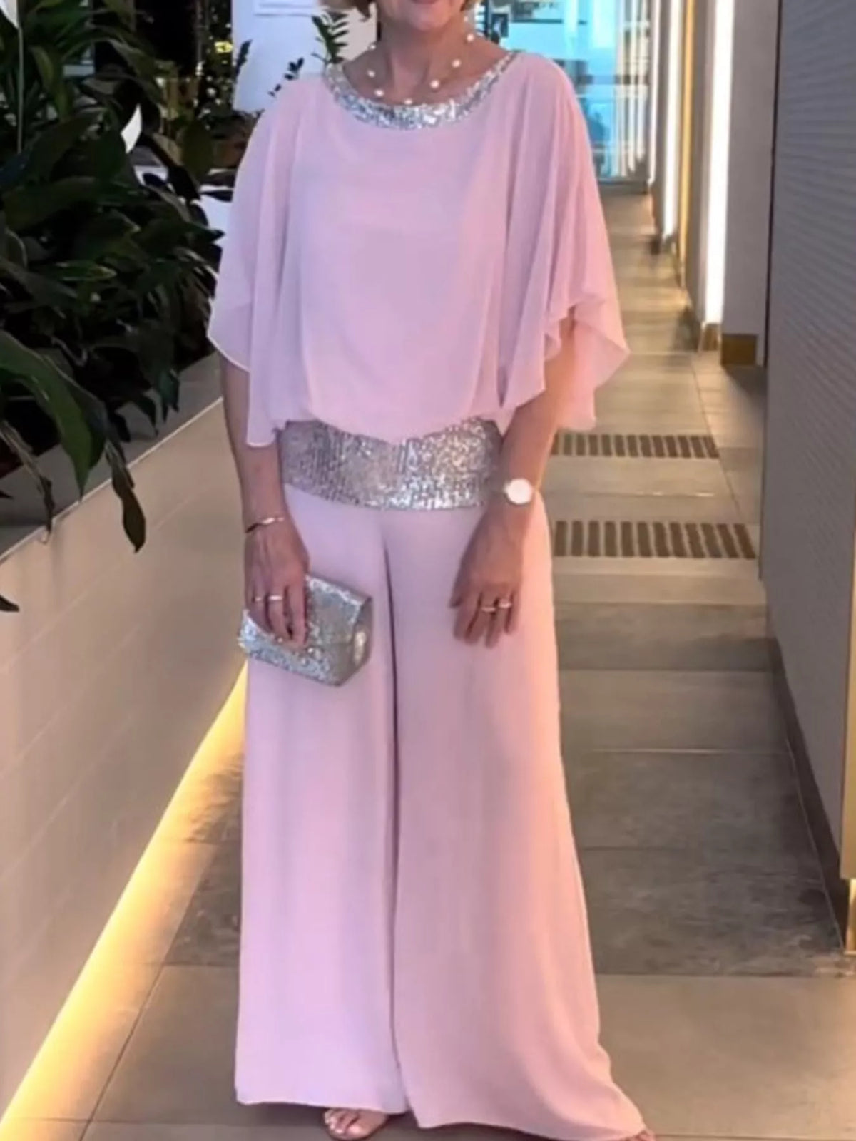 Chiffon Top and Wide-Leg Pants Set — front view
