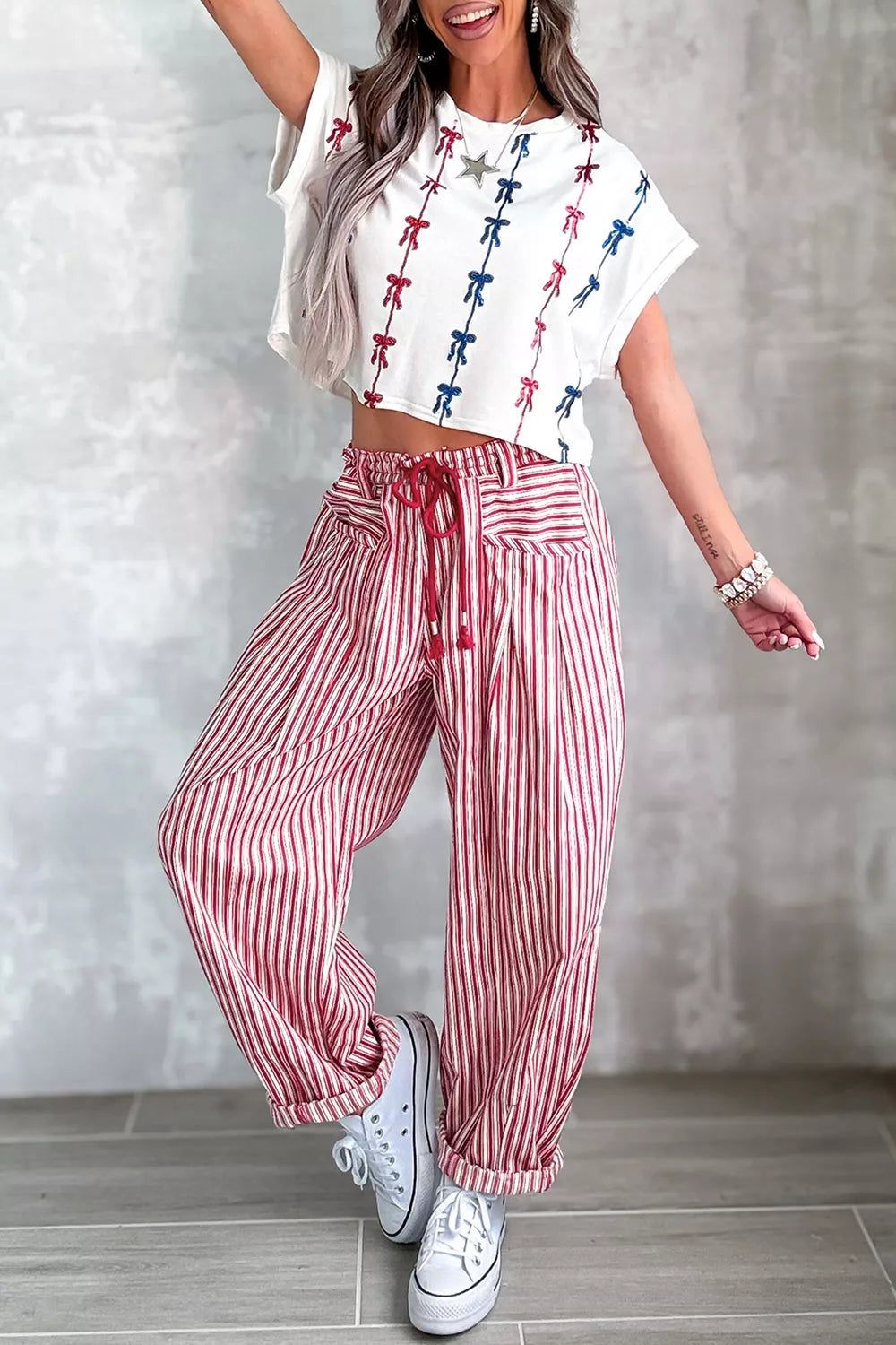 Trendsi Stripe Drawstring Casual Loose Pants -