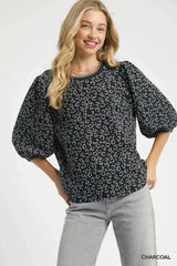 Trendsi Umgee Leopard Print Jacquard Blouse with Puff Sleeves -