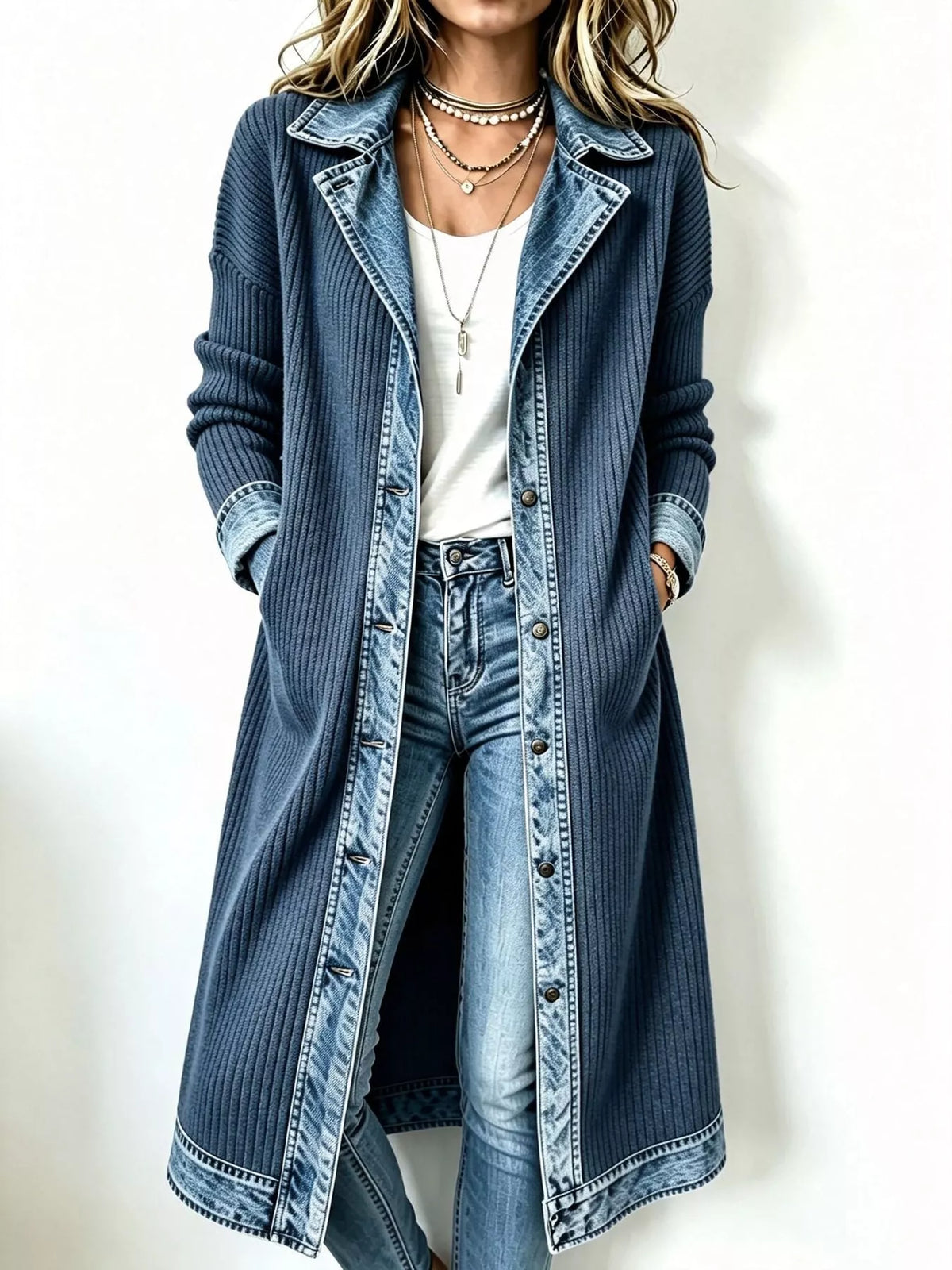 Navy Blue Real Denim denim-trimmed ribbed knit longline cardigan