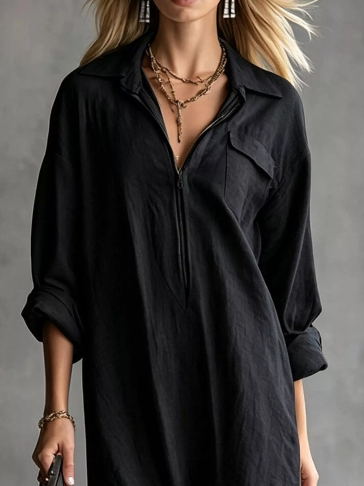 Zipper-Front Fringe Hem Midi Dress in black, fringed hem detail