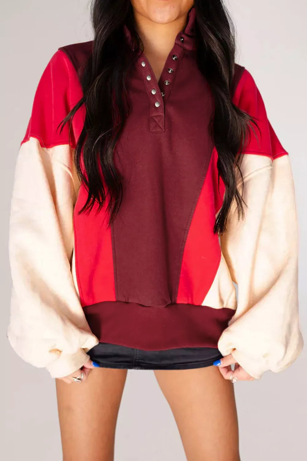 Trendsi Color-Block Snap-Button Oversized Sweatshirt -