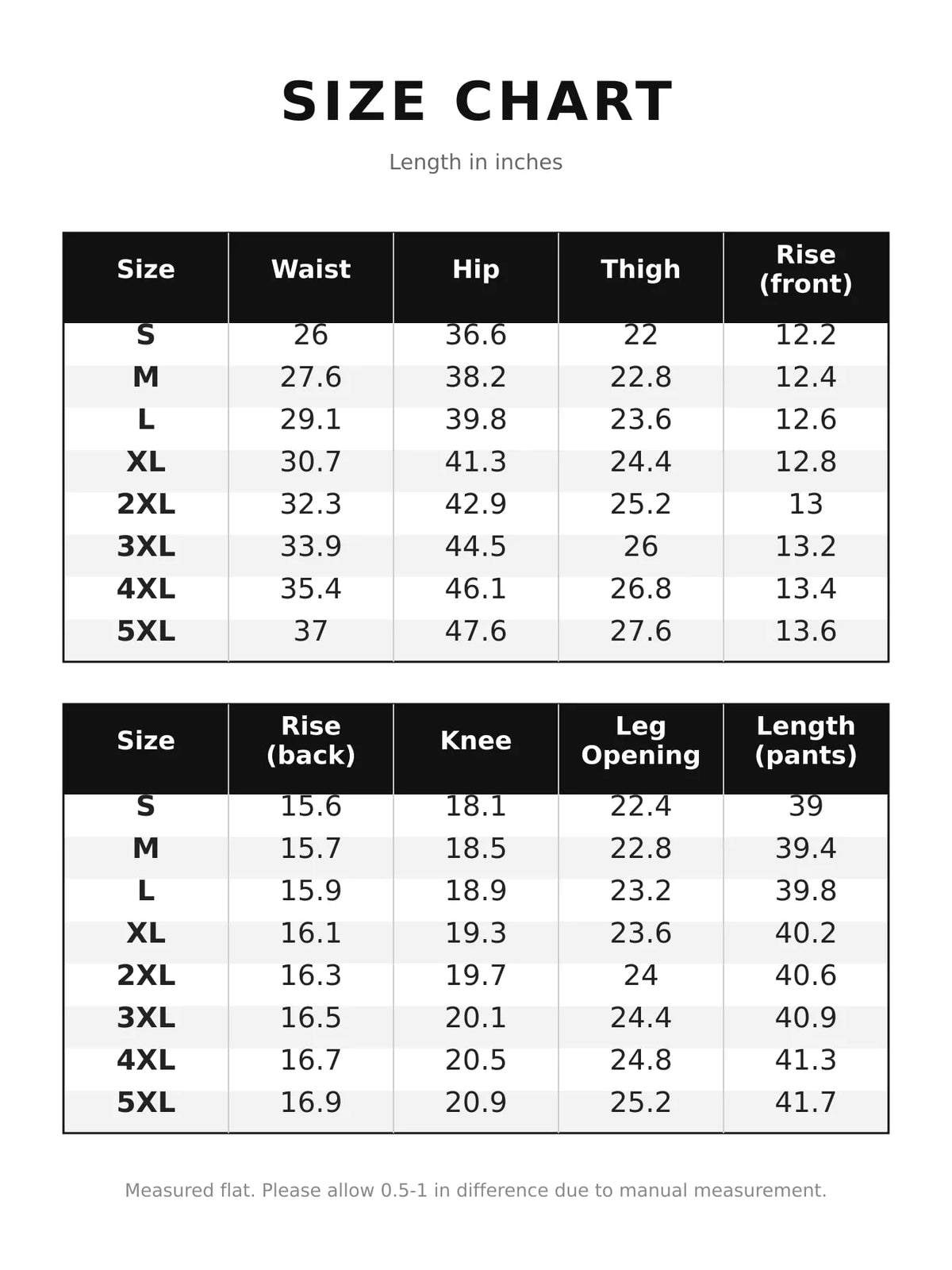 Size and measurement chart for flare-leg jeans