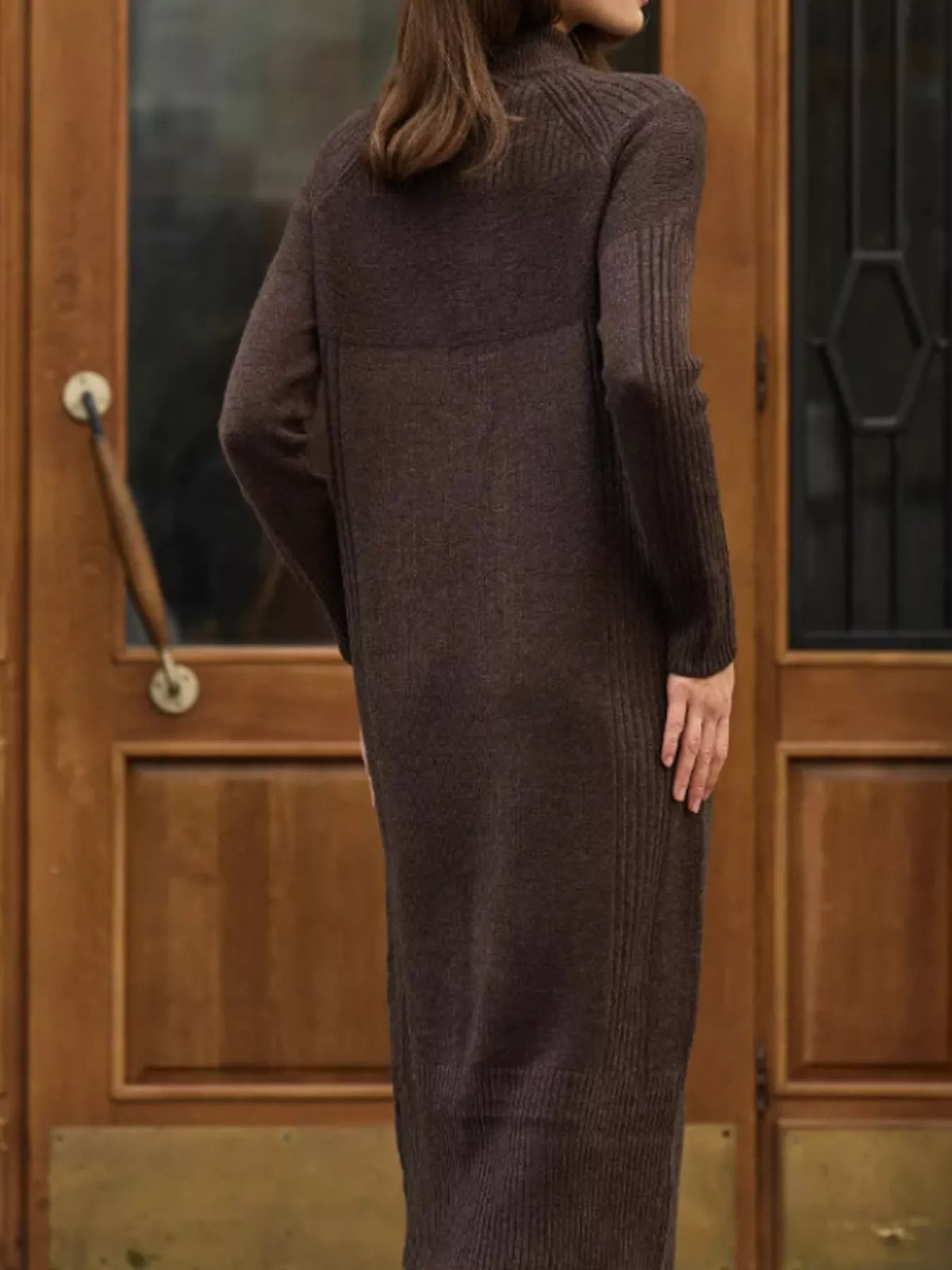 Brown half-zip ribbed knit sweater dress — back view