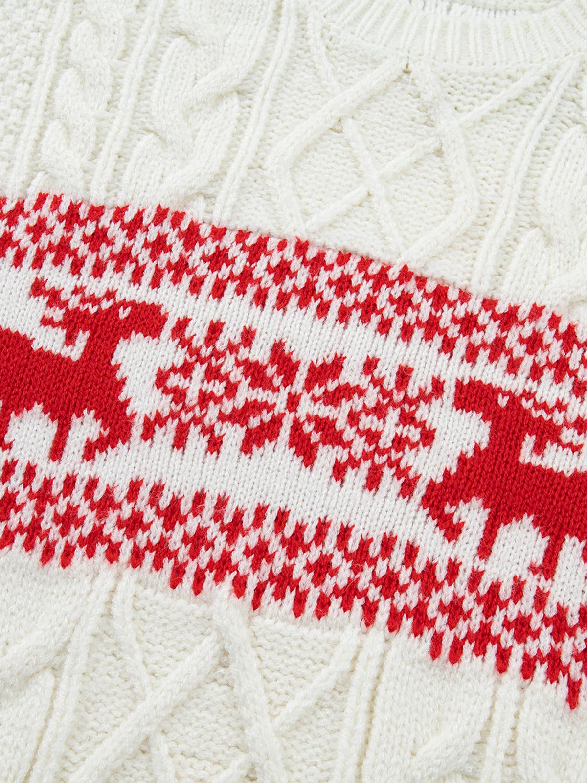 Reindeer Cable Knit Christmas Sweater in cream, construction detail