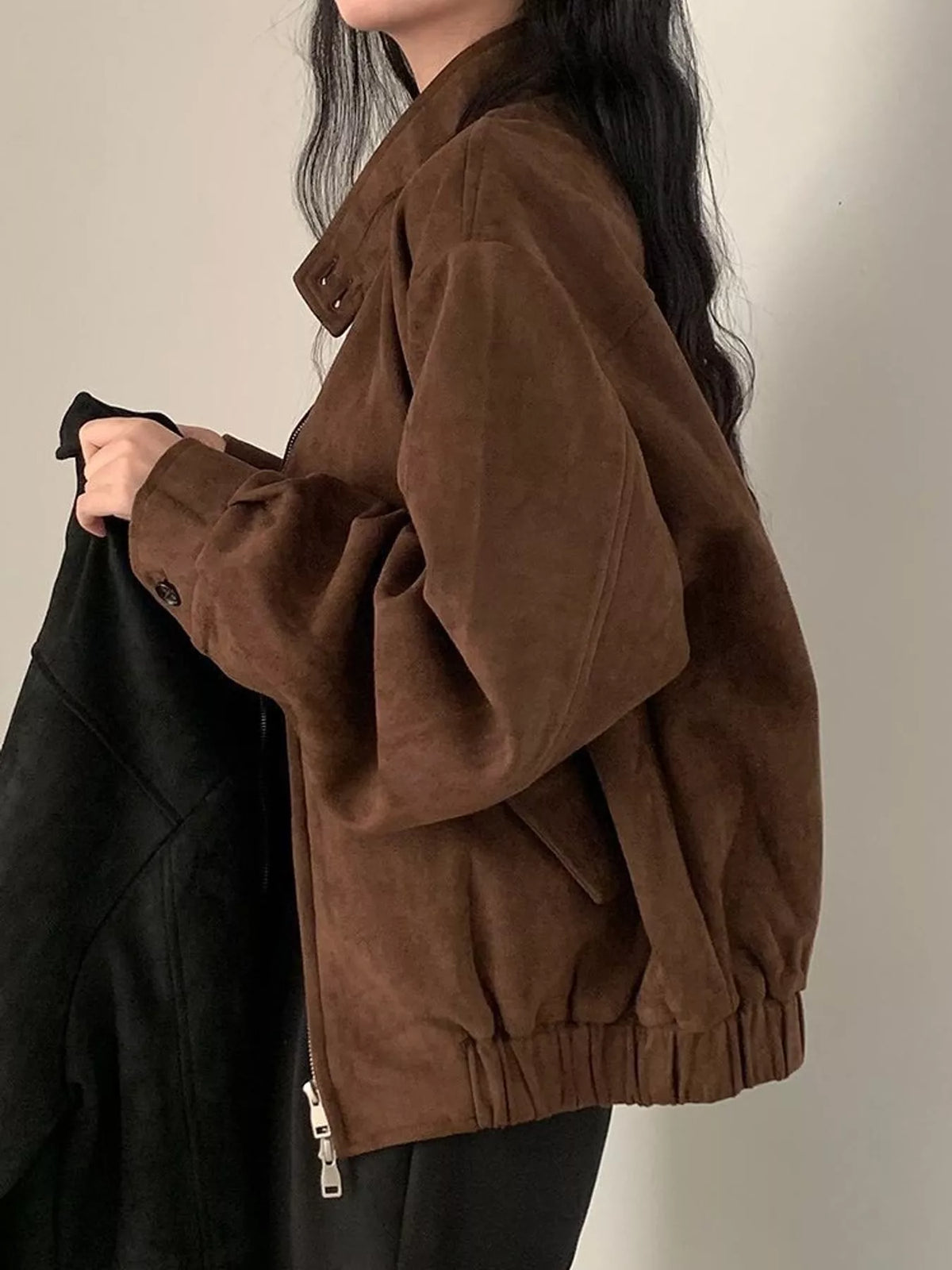 Stand-collar jacket, brown side