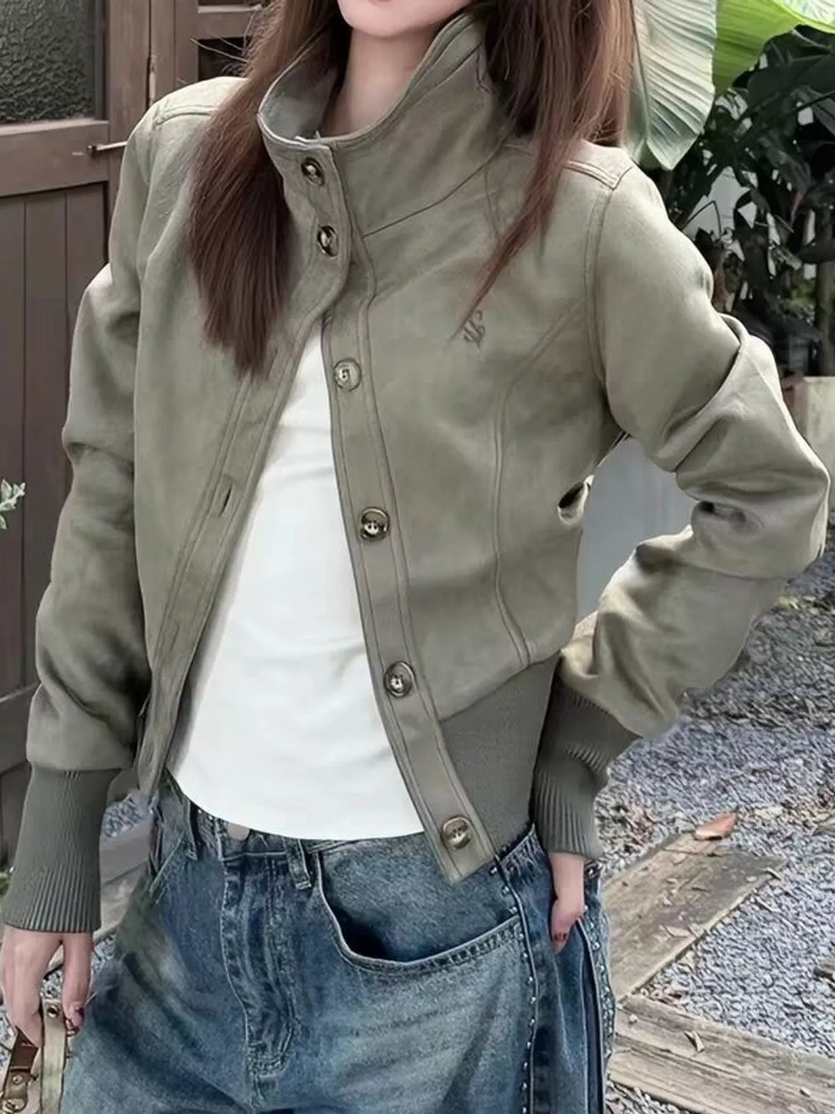 Button-Up Stand-Up Collar Jacket — front view