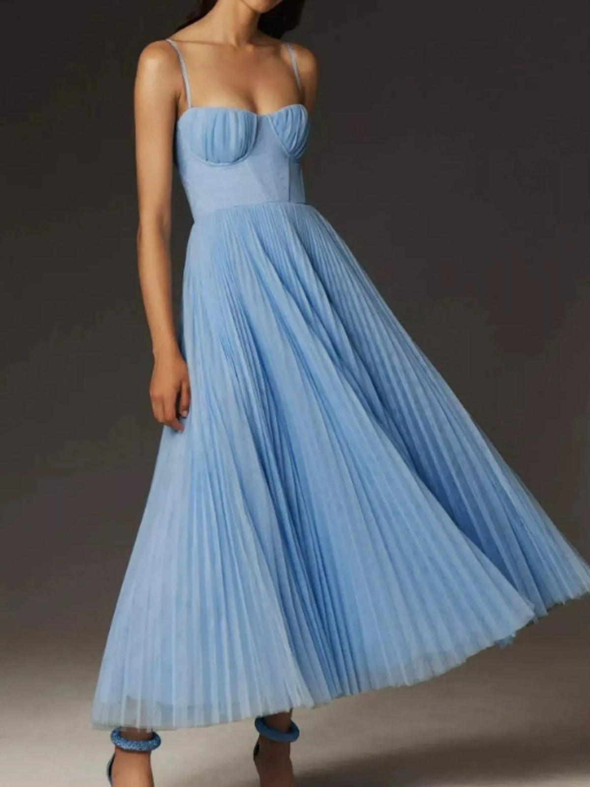 Light blue pleated sweetheart neck midi dress — front view