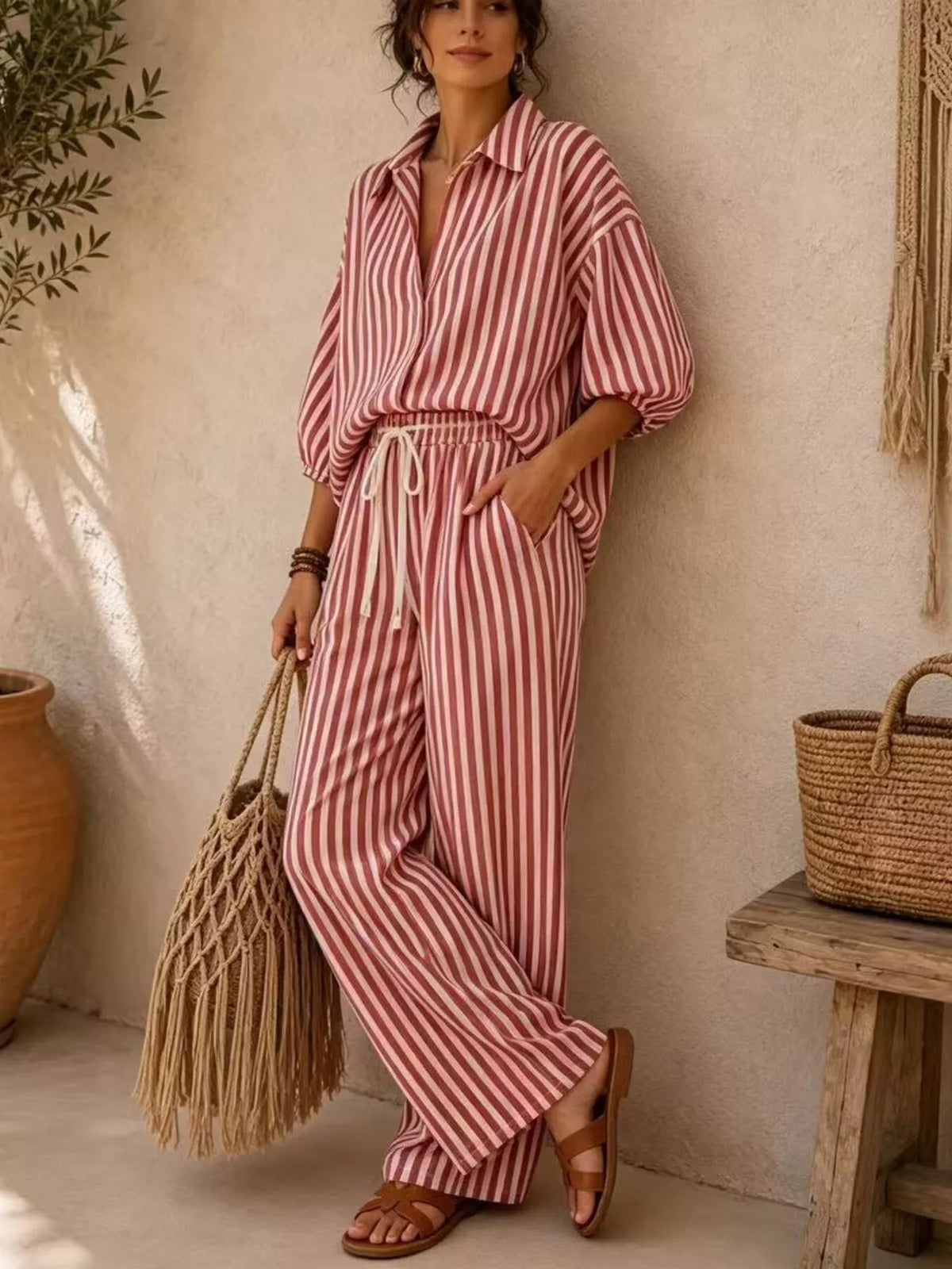 Red and white striped shirt and drawstring pants set, full front view