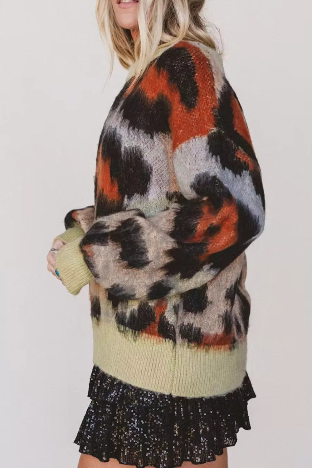 Trendsi Leopard Print Drop Shoulder Long Sleeve Round Neck Sweater -