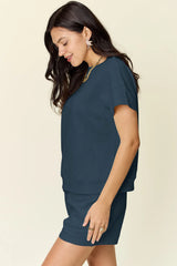 Trendsi Double Take Full Size Texture Short Sleeve T-Shirt and Drawstring Shorts Set - Shorts