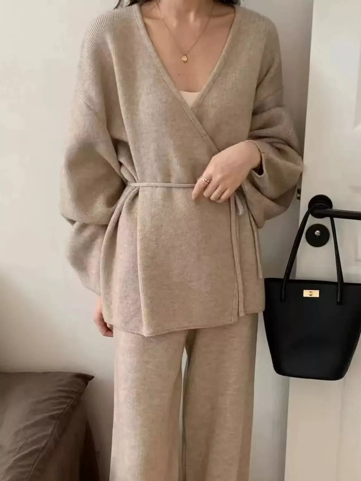 V-Neck Wrap Cardigan and Wide-Leg Pants Sweater Set in taupe