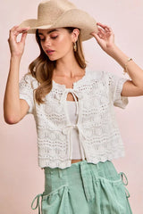 Trendsi BiBi Front Bow Tie Detail Pointelle Knit Top -