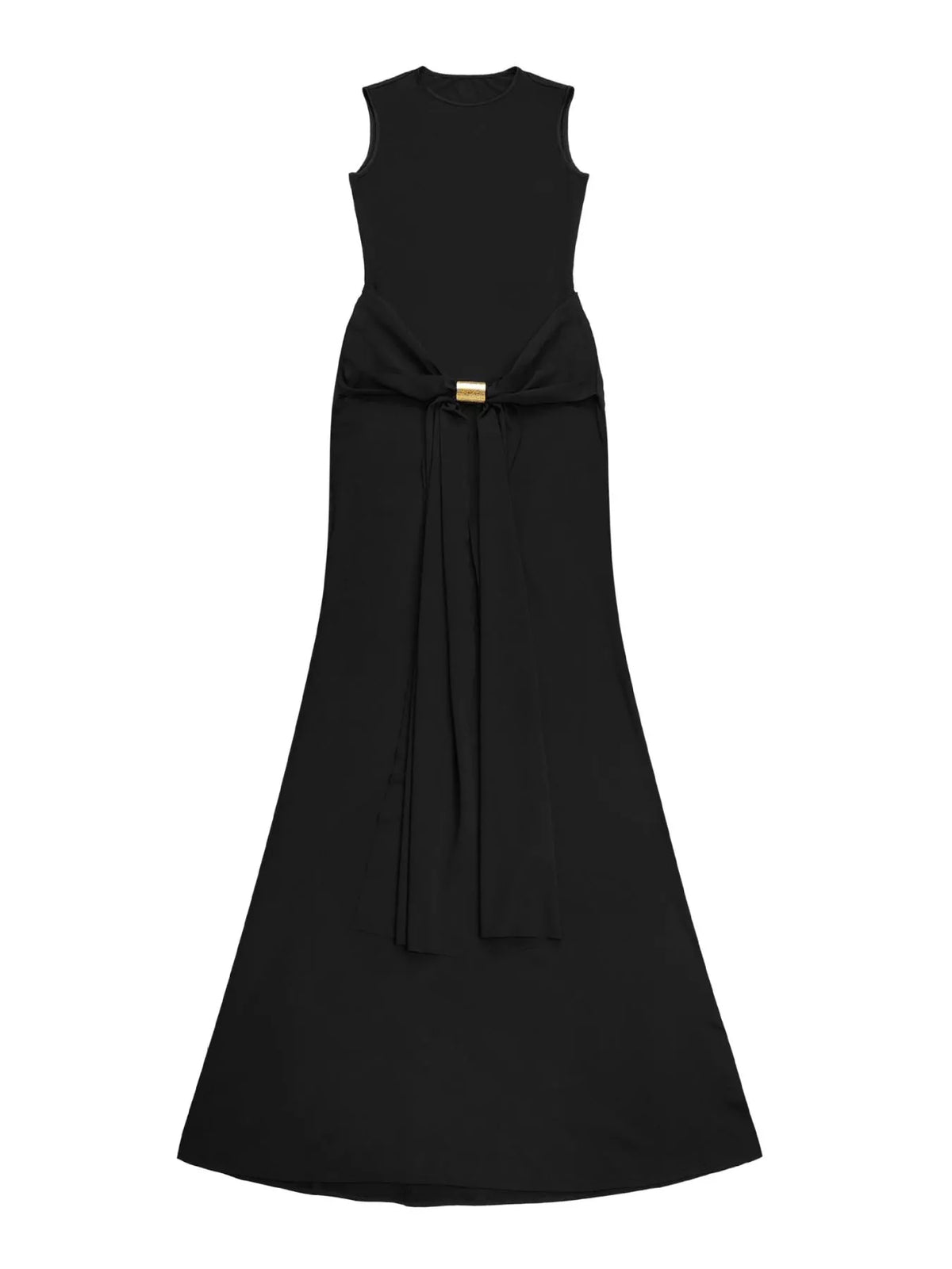 Black sleeveless buckle-detail bodycon maxi dress, front flat lay.