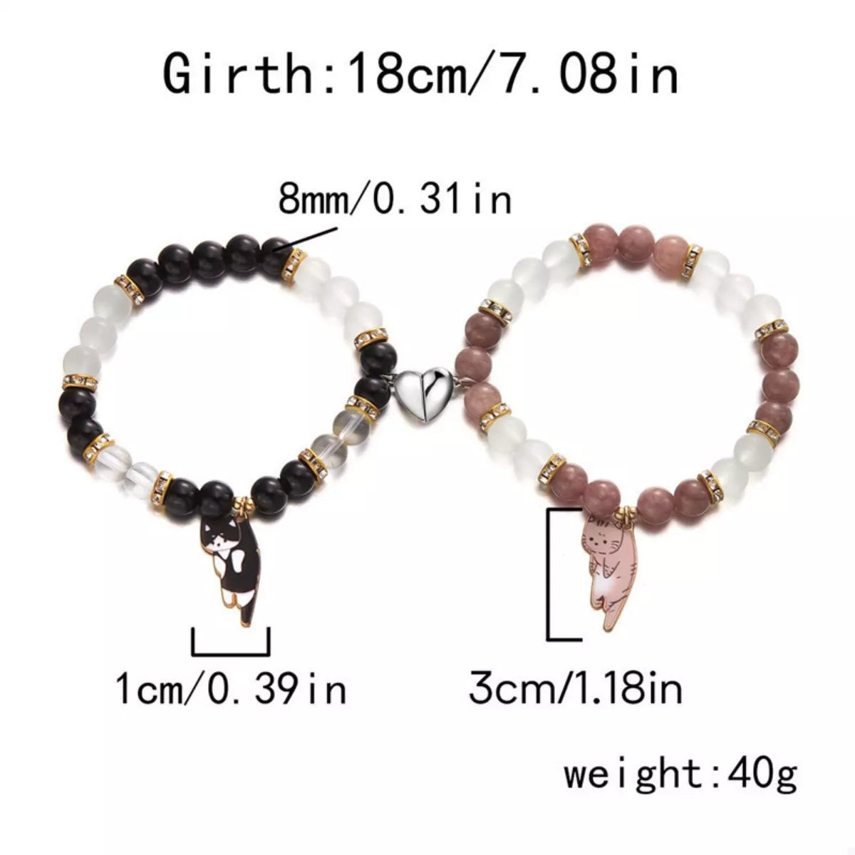 Trendsi 2 Piece Beaded Cat Charm Bracelet -