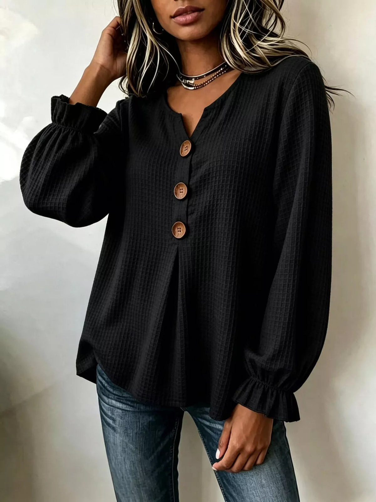 Waffle-knit long sleeve top