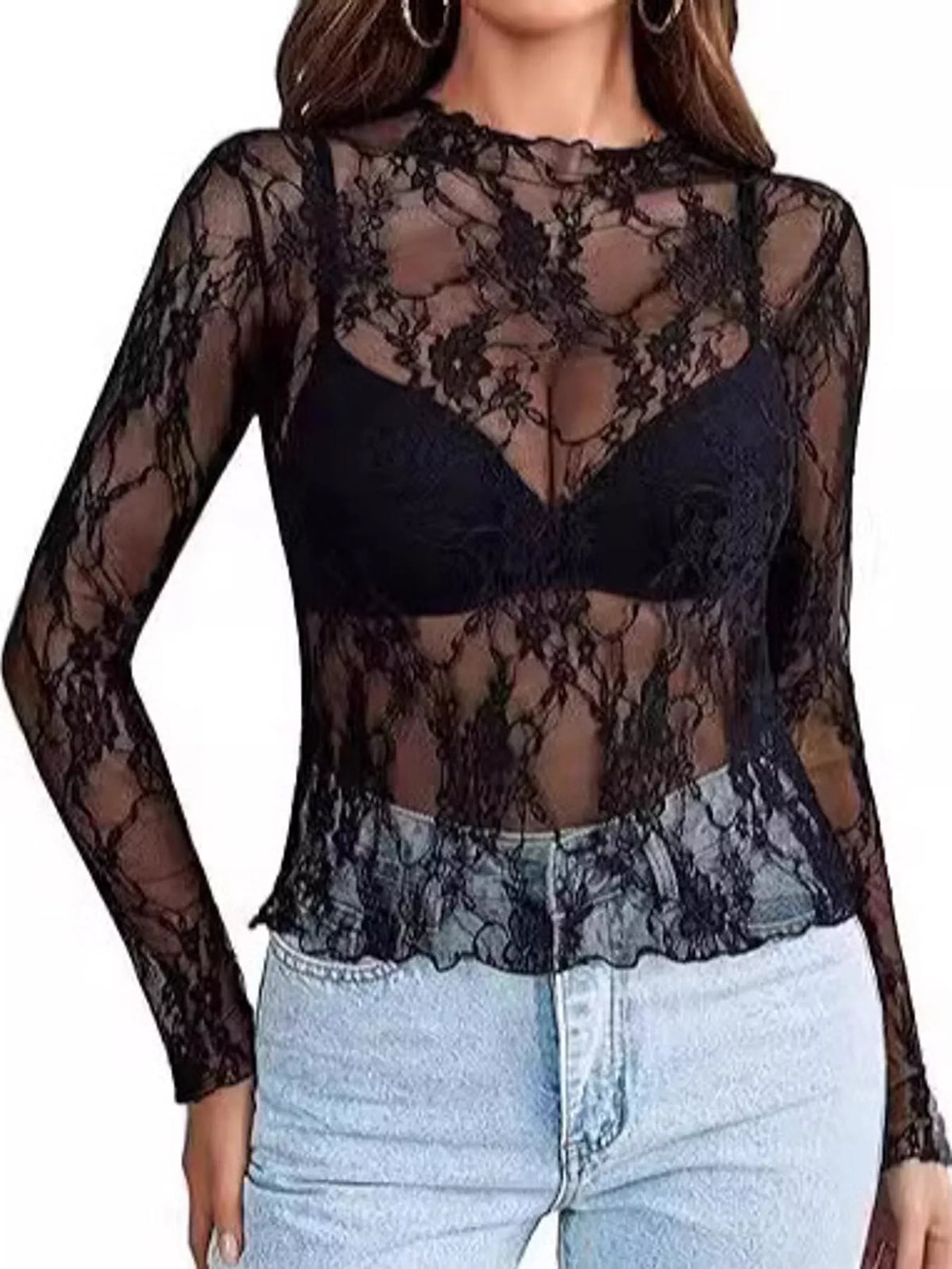 Sheer Floral Lace Long Sleeve Blouse in black