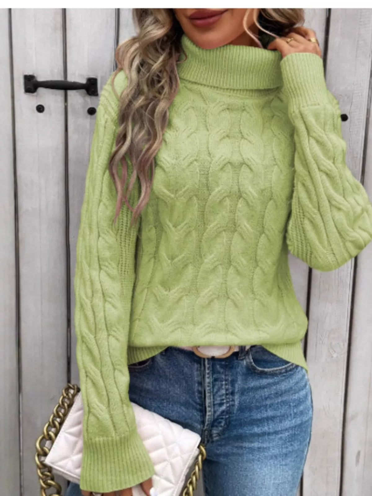 Women's Cable-Knit Turtleneck Sweater in Purple, front view