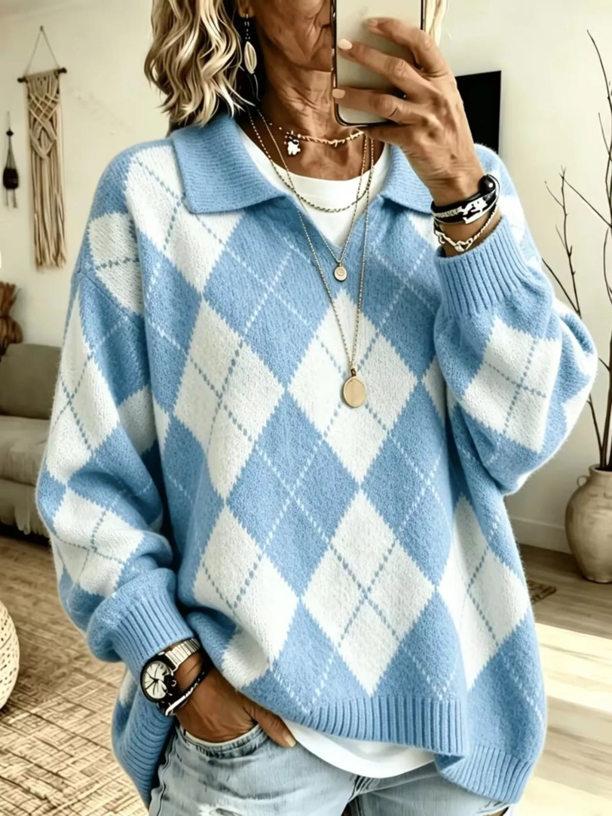 Women's Argyle Pattern Polo Collar Sweater in blue and white — front view