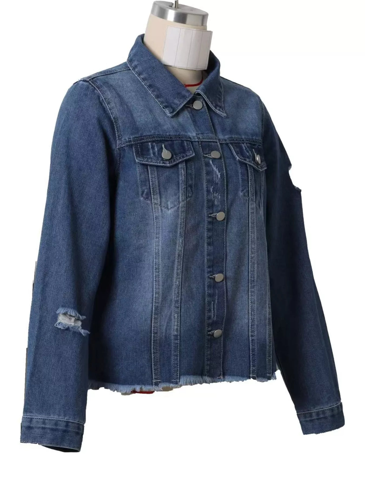 Women's Distressed Raw Hem Denim Jacket in medium blue — mannequin front view