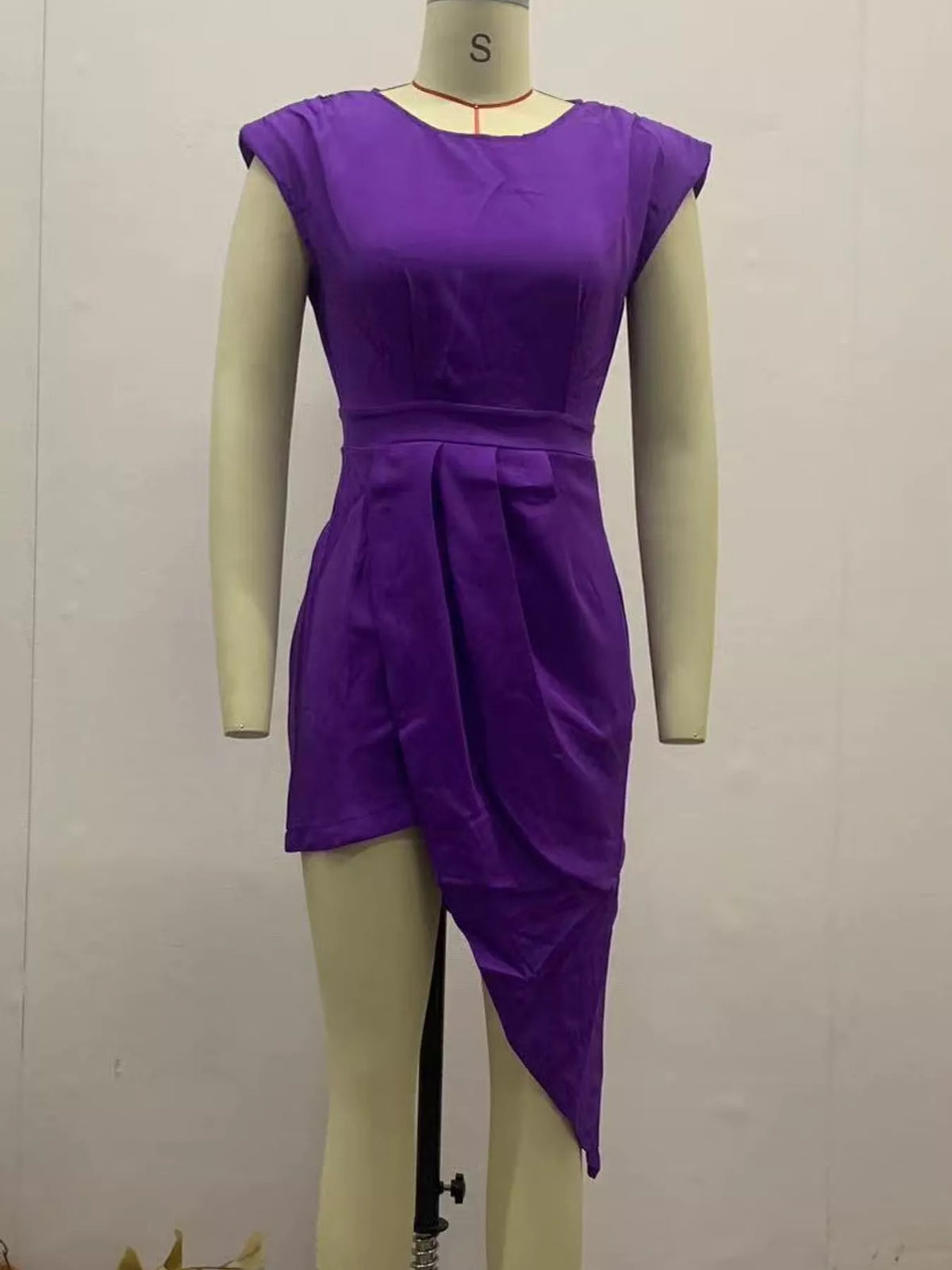 Women's Asymmetrical Backless Pleated Dress in purple — mannequin front view