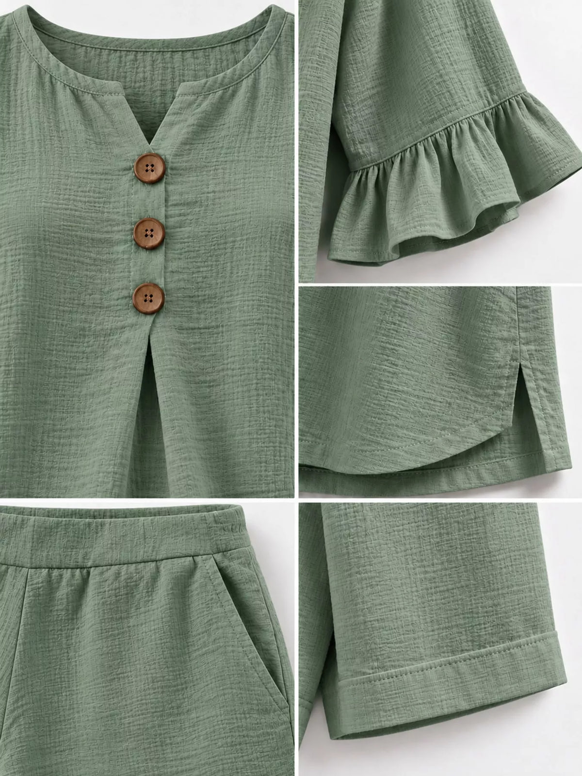 Decorative Button Blouse and Shorts Set, detail view in green