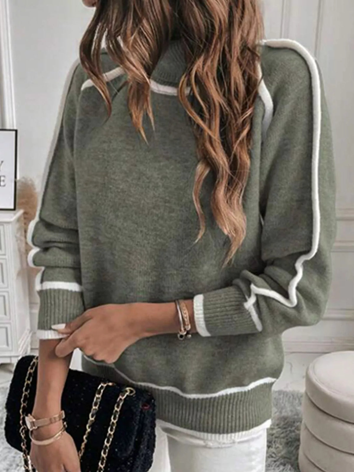 Women's Contrast Trim Ribbed Hem Turtleneck Sweater in Gray, front view