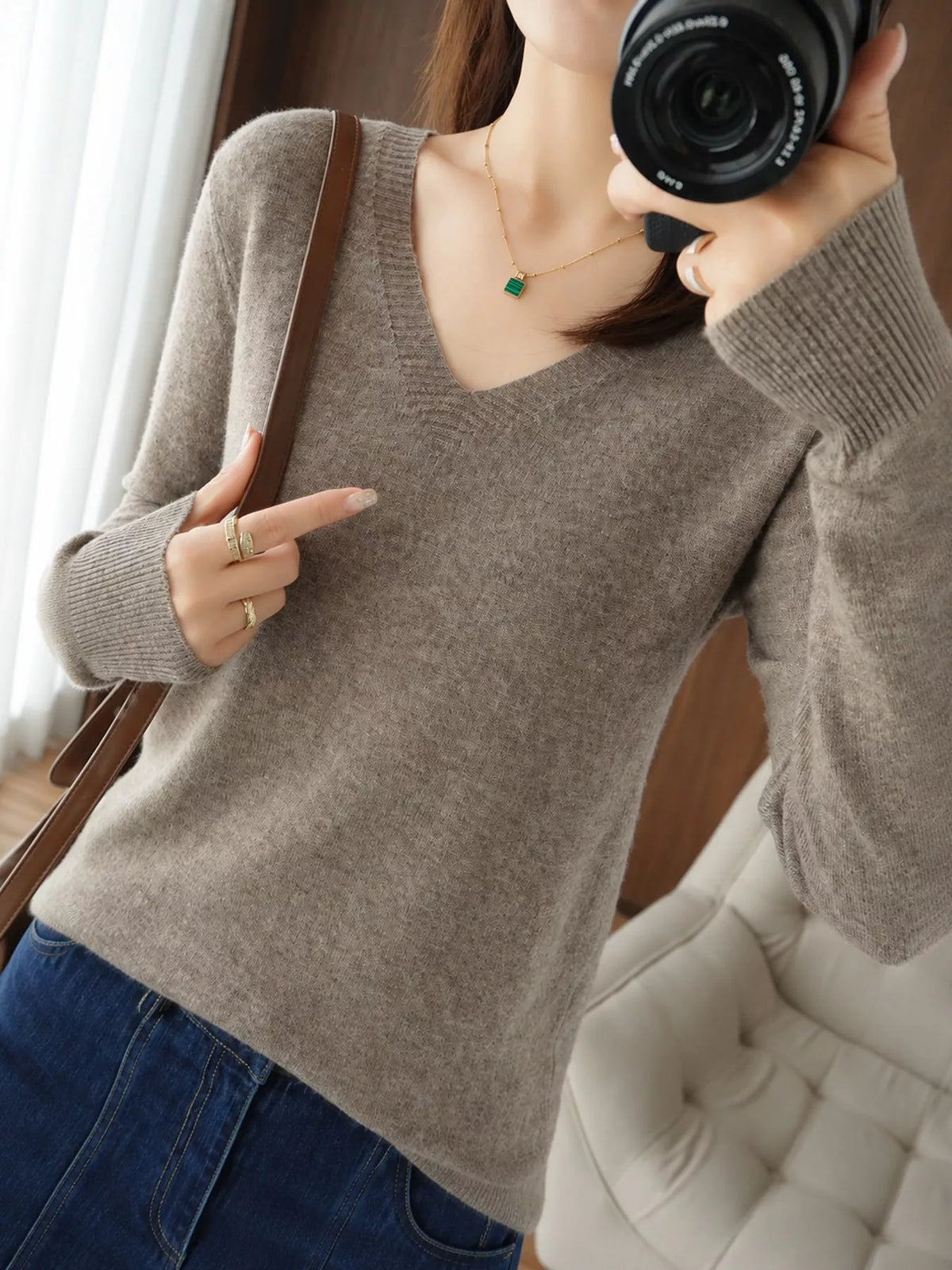V-Neck Knit Sweater in gray