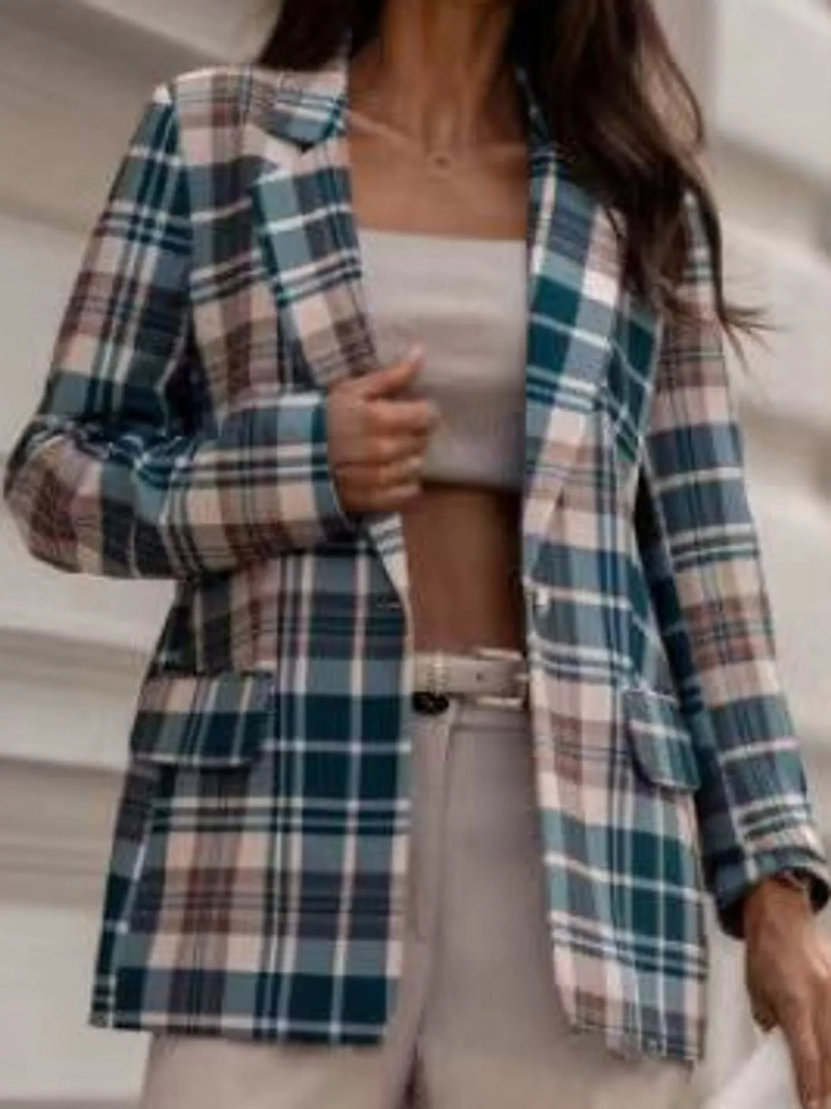 Collared long sleeve blazer, front view on model