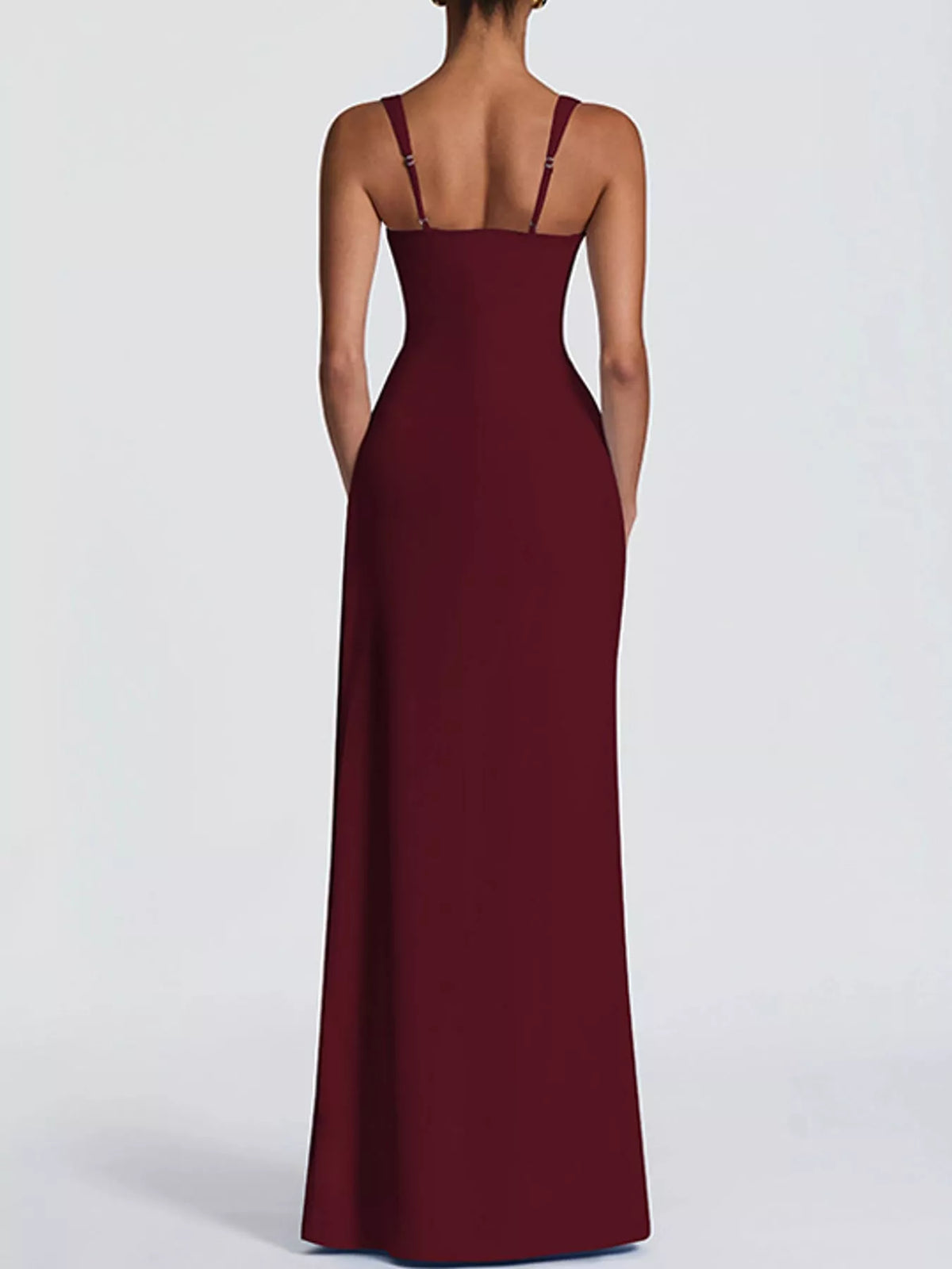 Women's Sleeveless High-Slit Evening Maxi Dress in burgundy — back view
