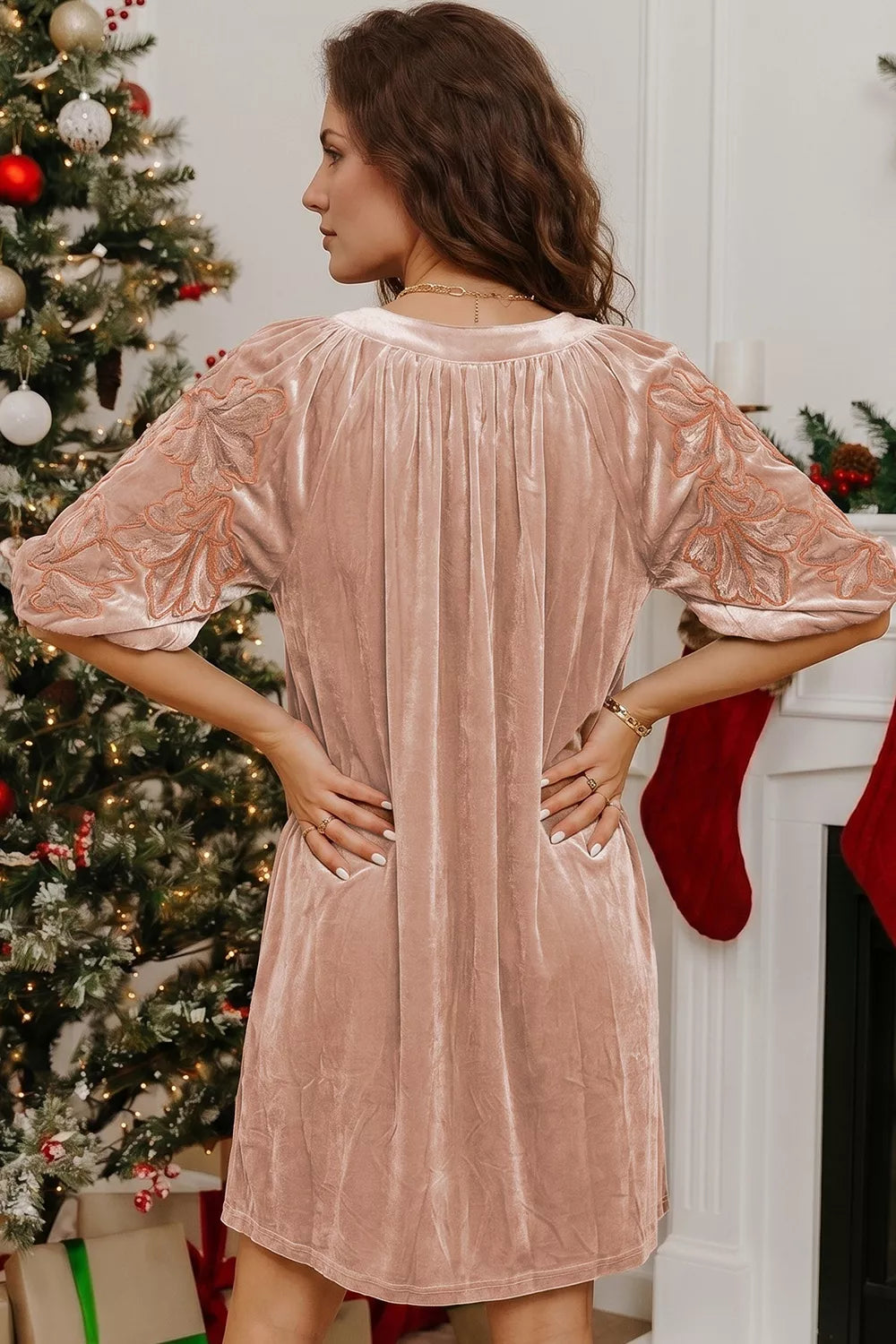 Trendsi Embroidered‑Sleeve Velvet Mini Shift Dress -