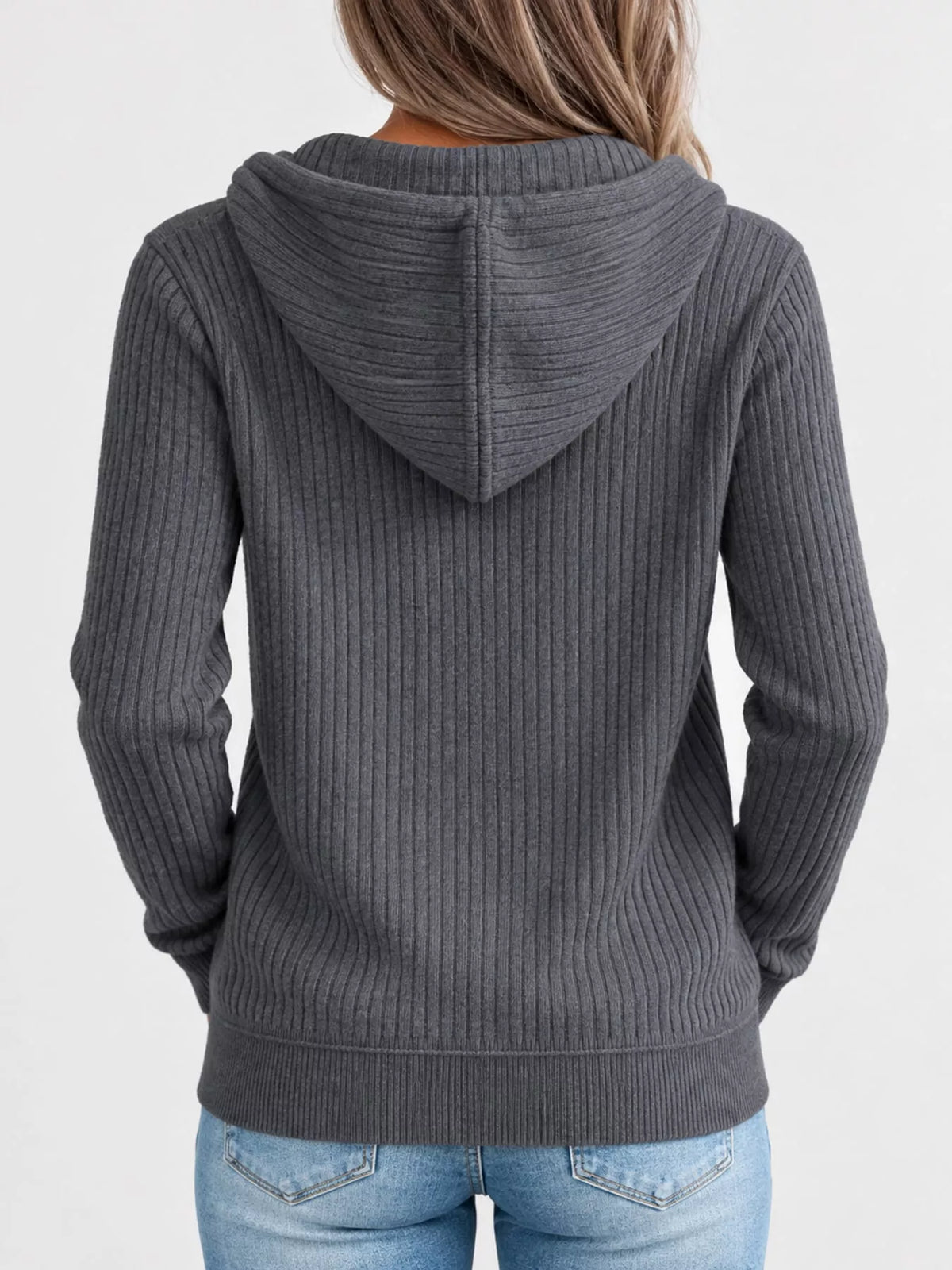 Dark Gray Ribbed Knit Zip-Up Hooded Cardigan, back view