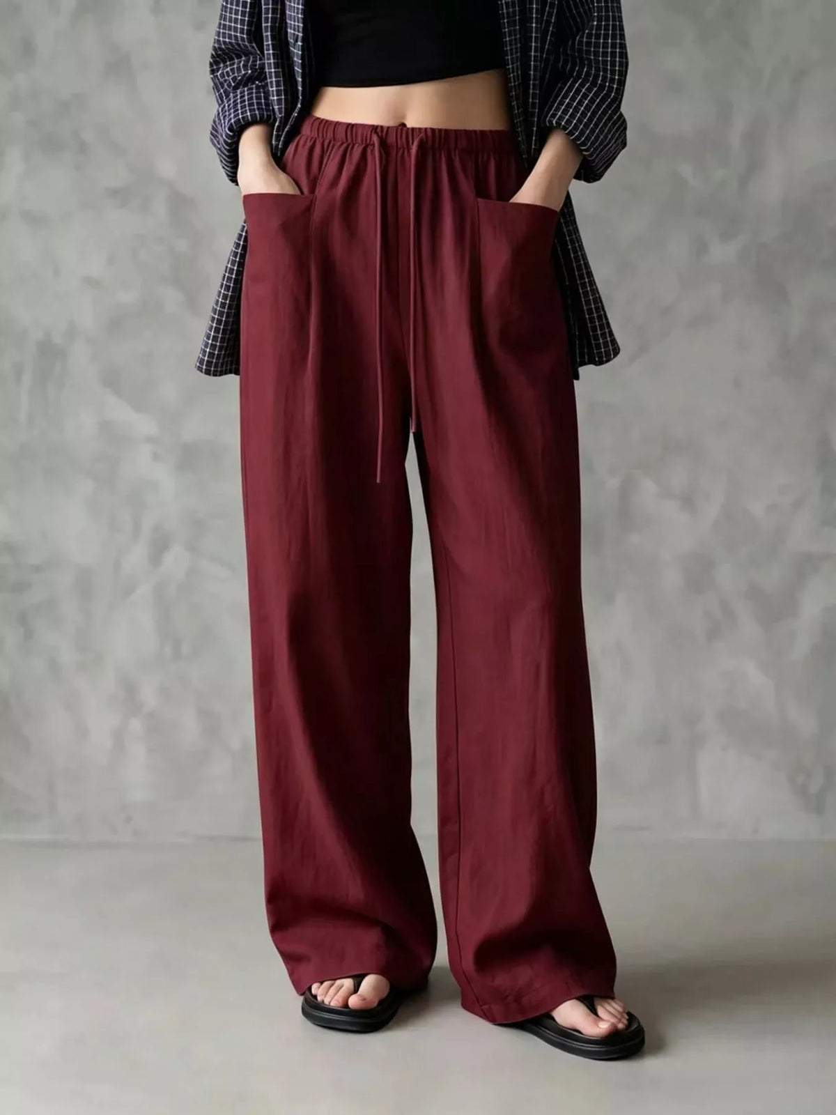 Women's Drawstring Wide-Leg Casual Pants in burgundy — front view