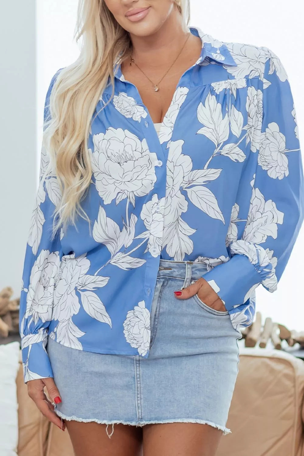 Trendsi Floral Print Button-Up Shirt -
