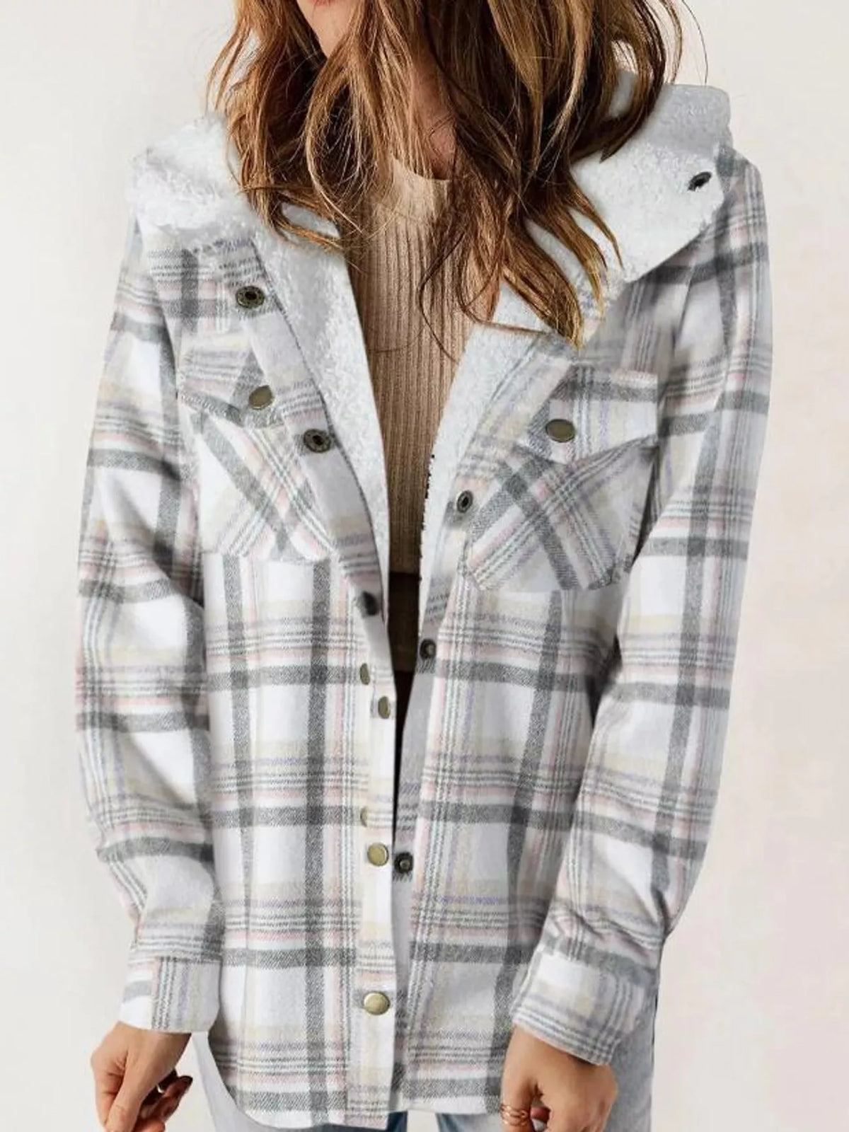 Gray sherpa-lined plaid hooded jacket