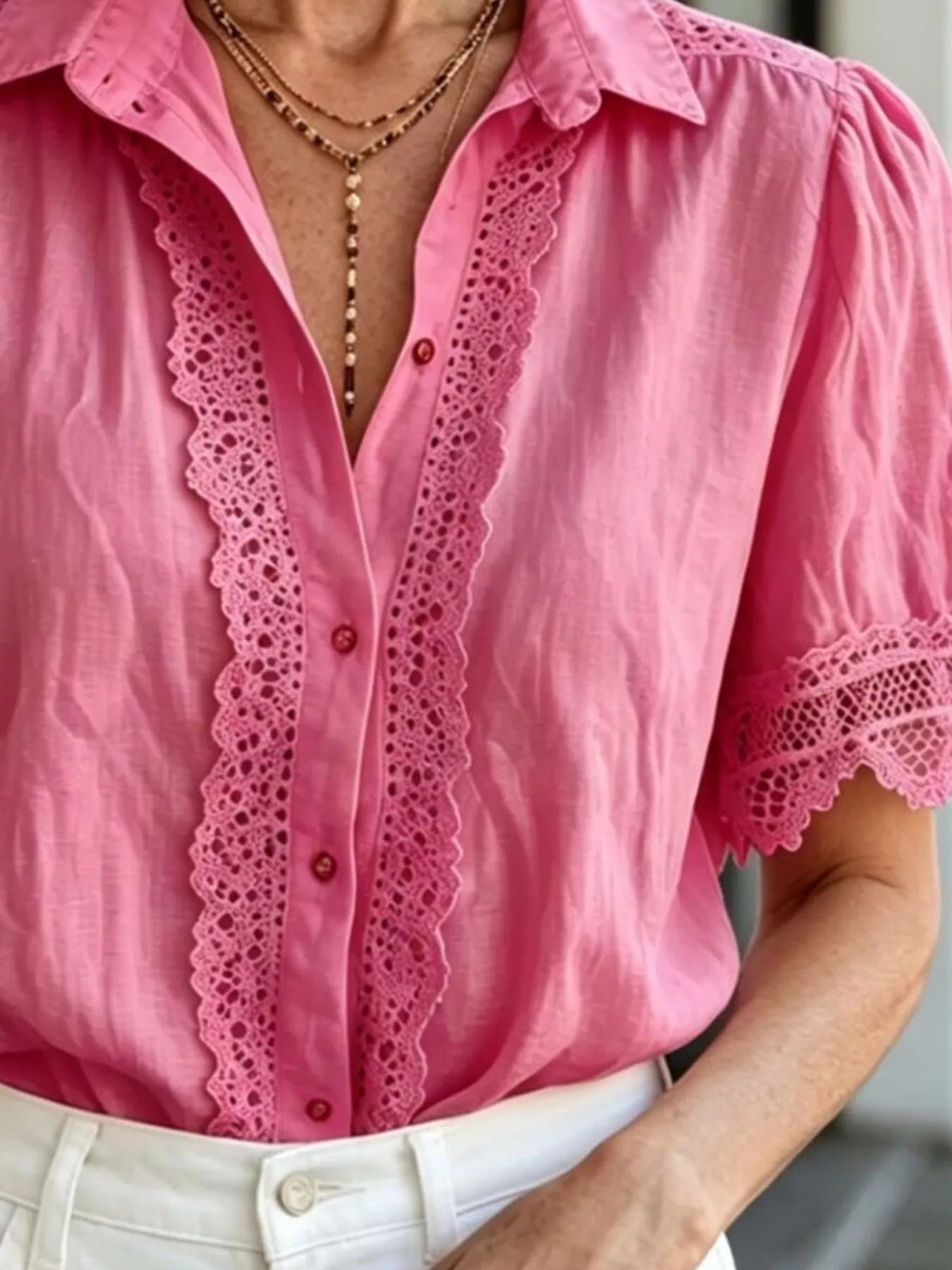 Trendsi Lace-Trimmed Short Sleeve Button-Down Shirt -
