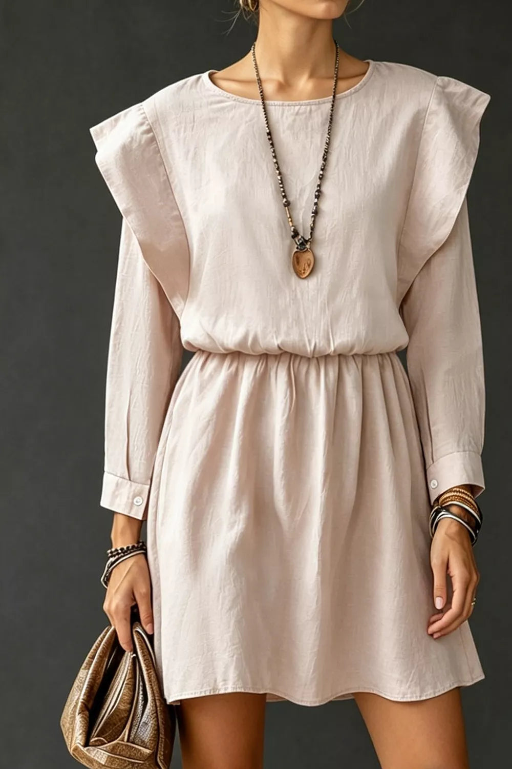 Trendsi Ruffled Round Neck Long Sleeve Dress -