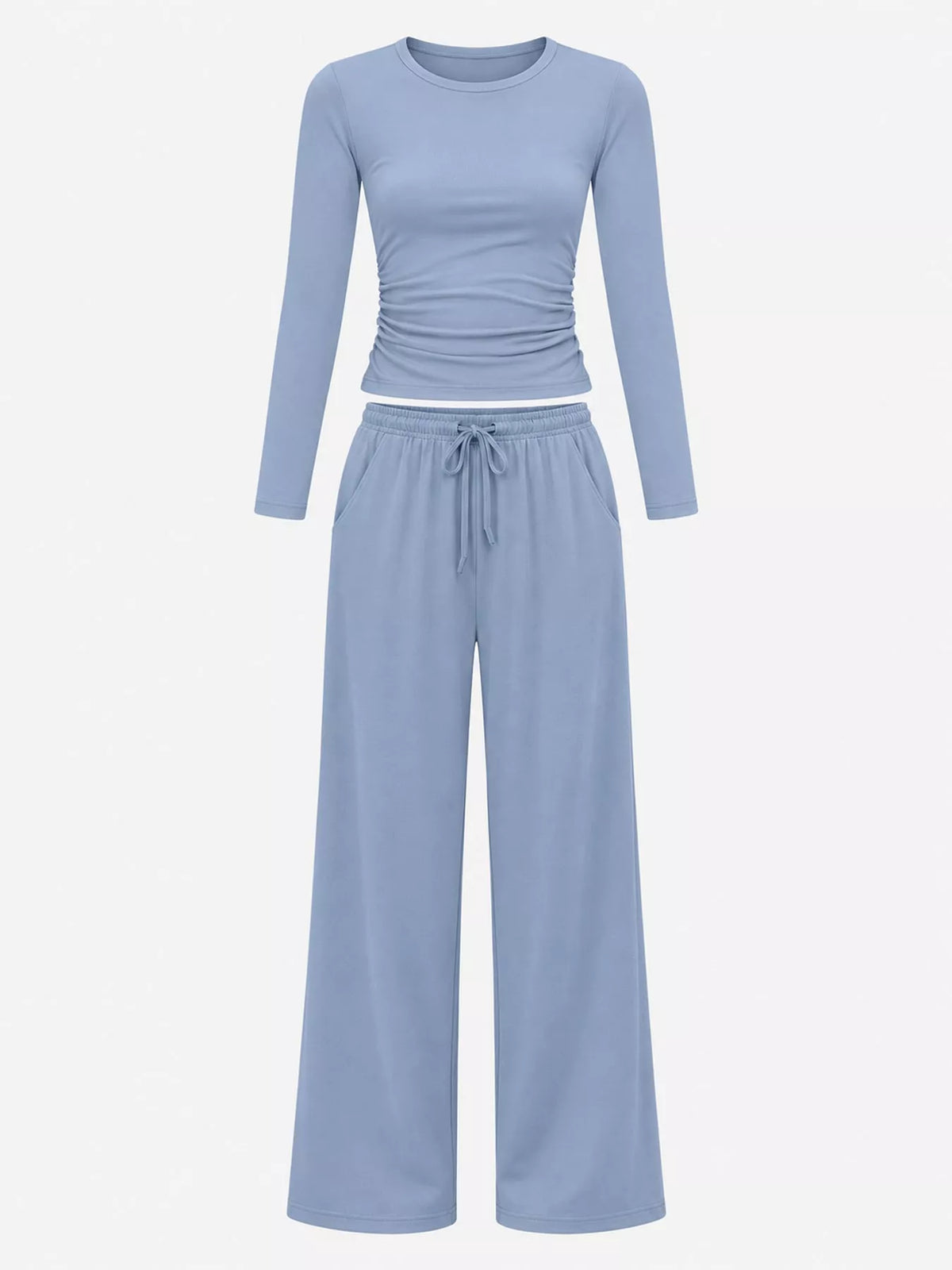 Long Sleeve Top and Wide-Leg Drawstring Pants Set — garment front